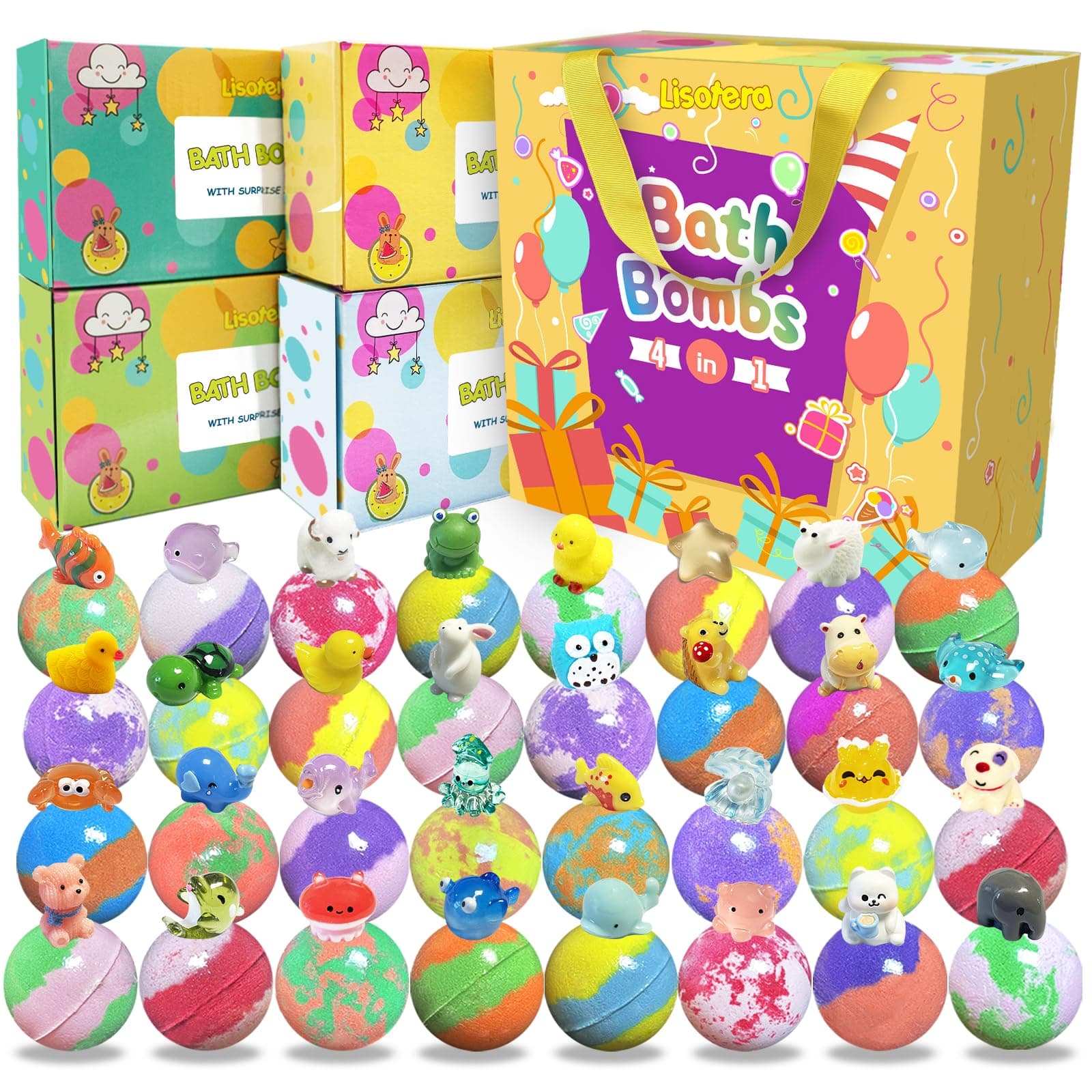 Lisotera Bath Bombs for Kids Surprise Inside 32 Pack Bath Bombs with Land and Sea Animal Toys, Bath Ball Gift Set for Kids with Bubbles Colo