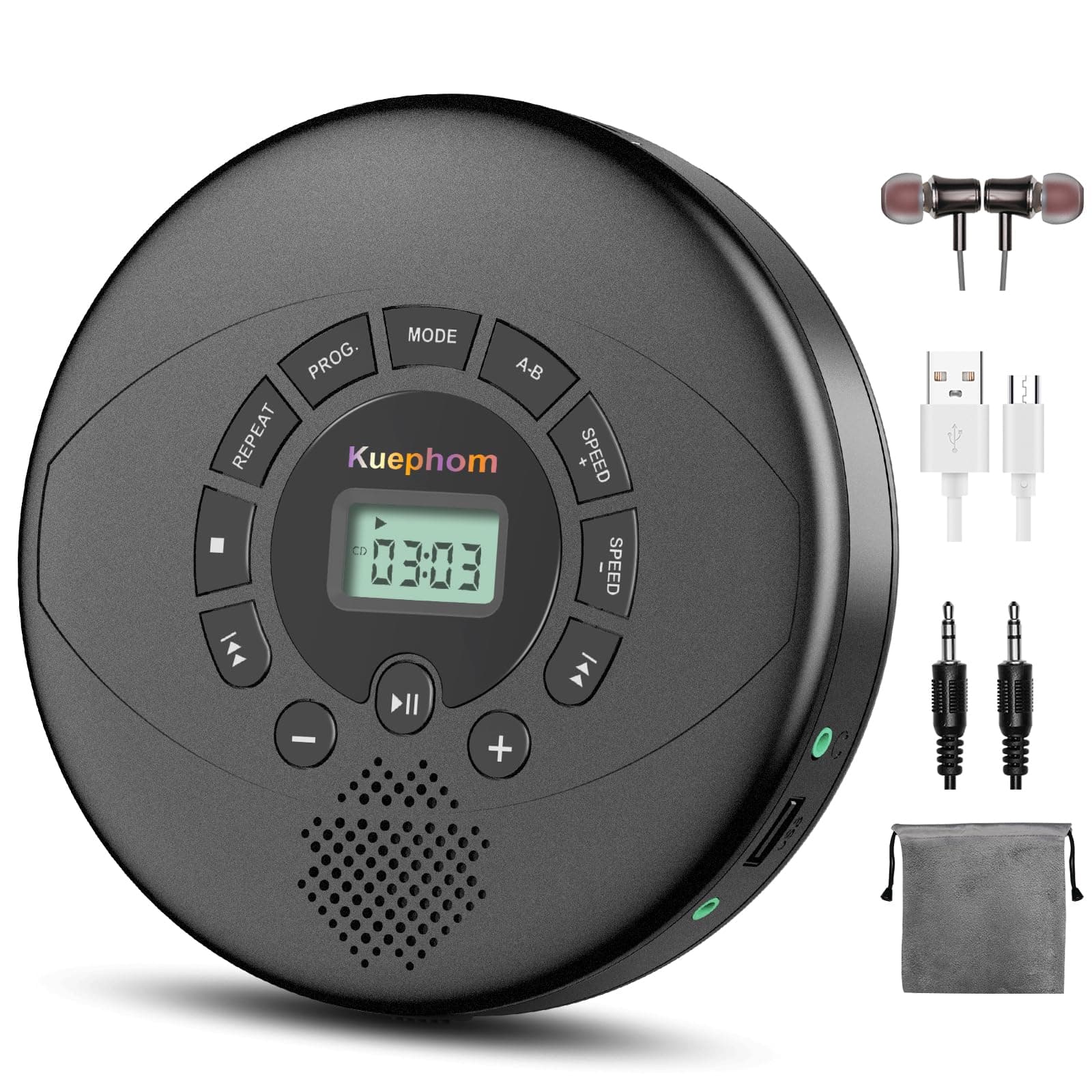 CD Player, Portable Discman Rechargeable Walkman CD Player with Speaker, Portable CD Player with Headphones, CD-R, MP3 USB Playable, Suitable for Personal or Multiple Users (Black)