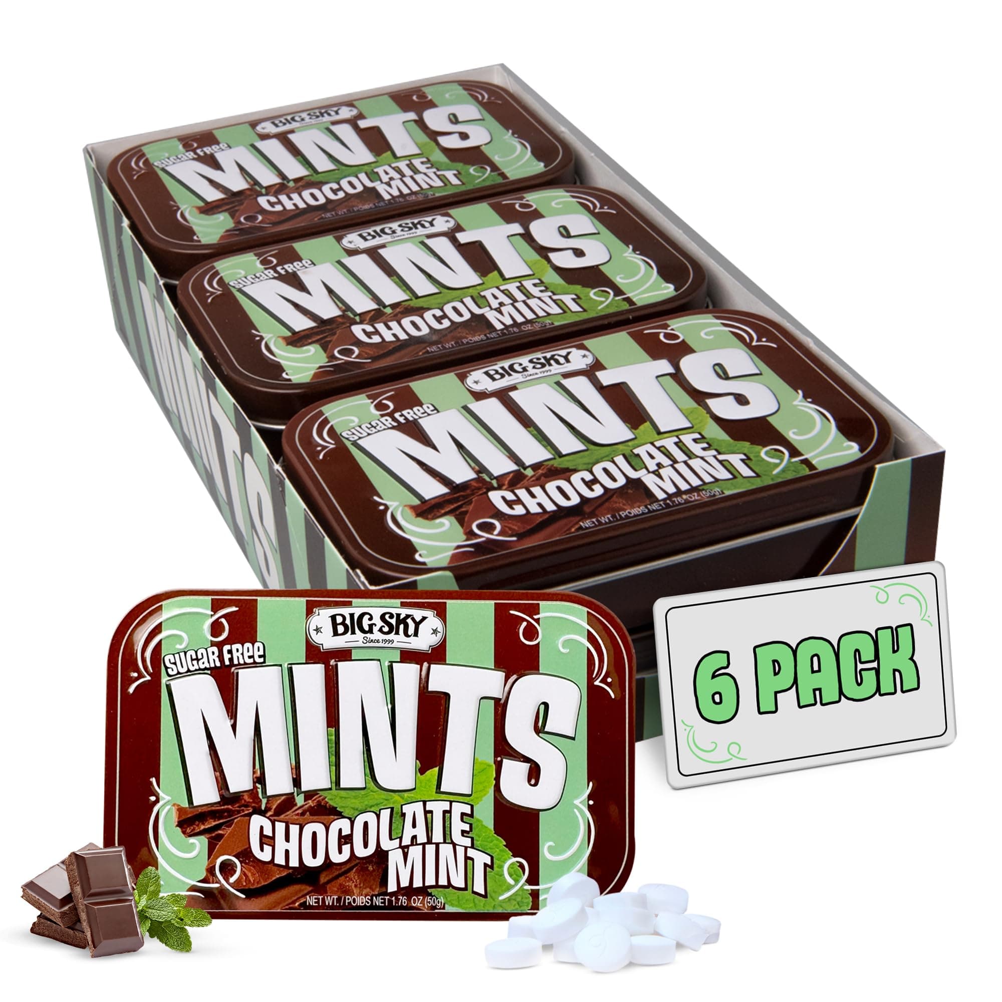Sugar Free Mints - Chocolate Mint - 50 Count Tin (Pack of 6) | Kosher Certified, Vegan Candy | Aspartame & Gluten Free | Sugar Free Mints for Travel & Sharing, Long Lasting Freshness