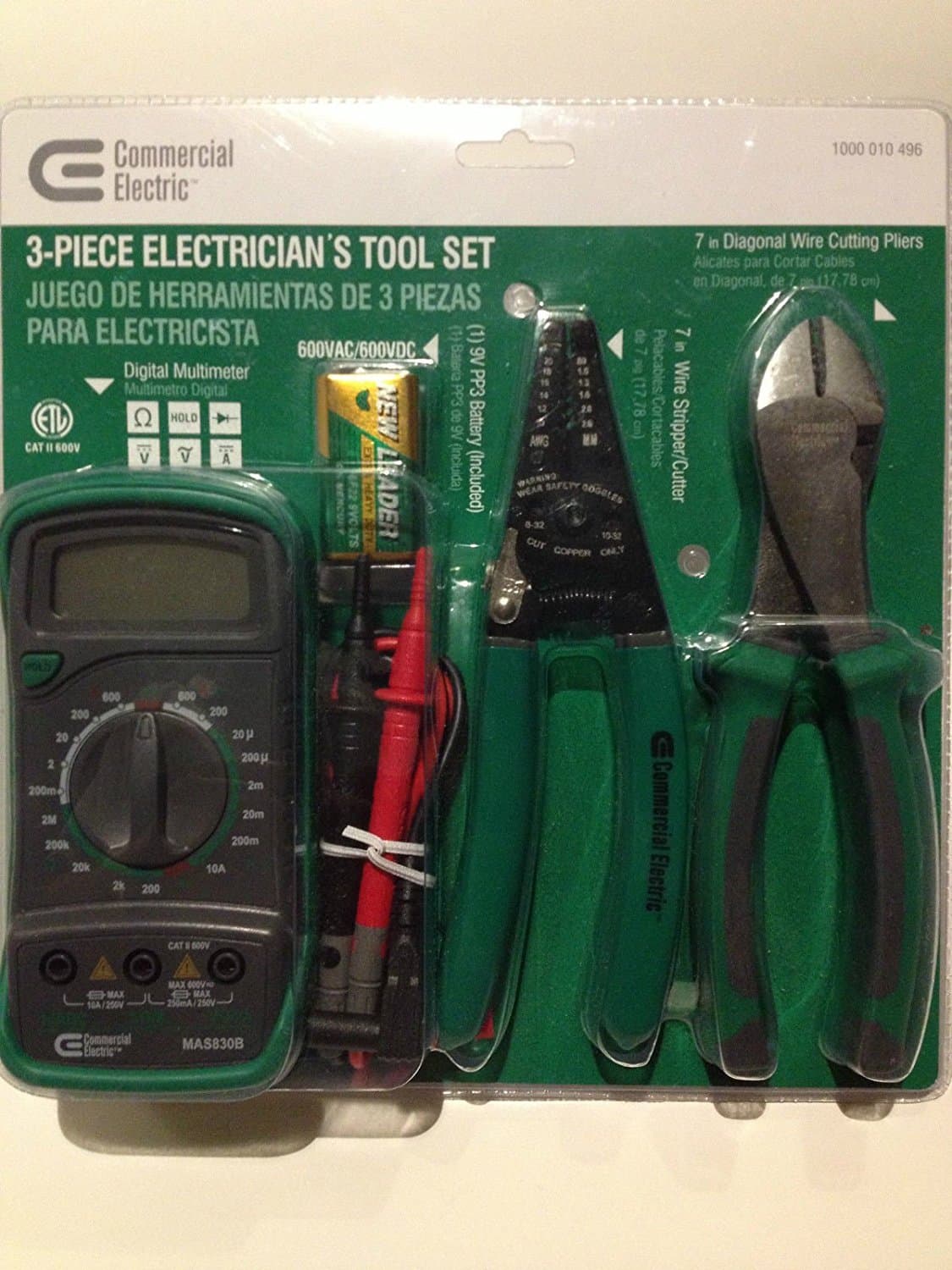 3 Piece Electrician's Tool Set, AC DC Current, Resistance, Diode, DMM Digital Multimeter, 7" Diagonal Wire Cutting Pliers, 7" Wire Snipper/Cutter