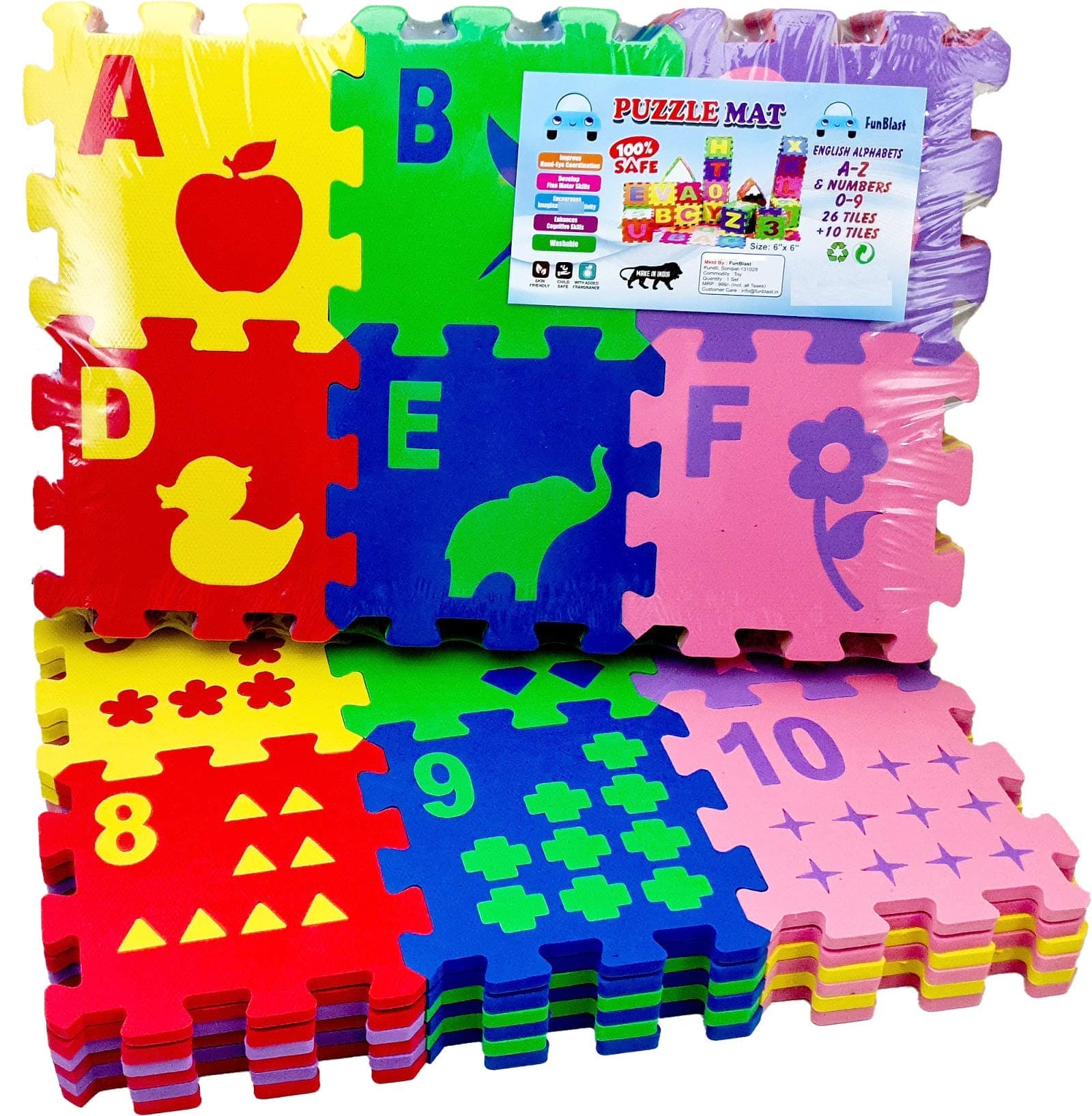 FunBlast 36pcs Alphabet Mini Puzzle Foam Mat for Kids, Interlocking Learning Alphabet and Number Mat Puzzle for Kids with Pictures