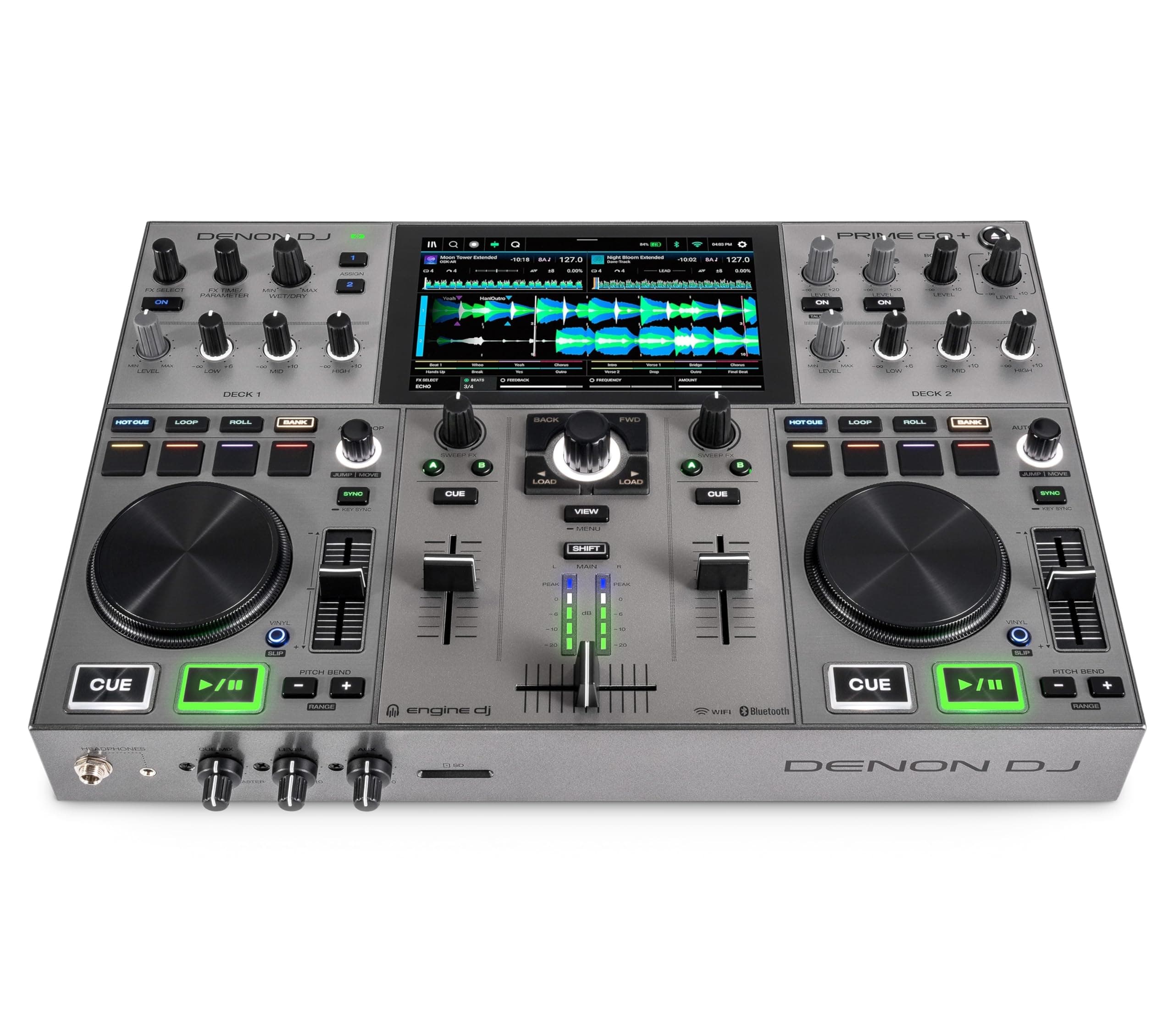 Denon DJ PRIME GO+ Portable DJ Controller and Mixer with Stem Separation, 2 Decks, Wi-Fi Streaming, Bluetooth, Lights Control, 7" Screen and Battery
