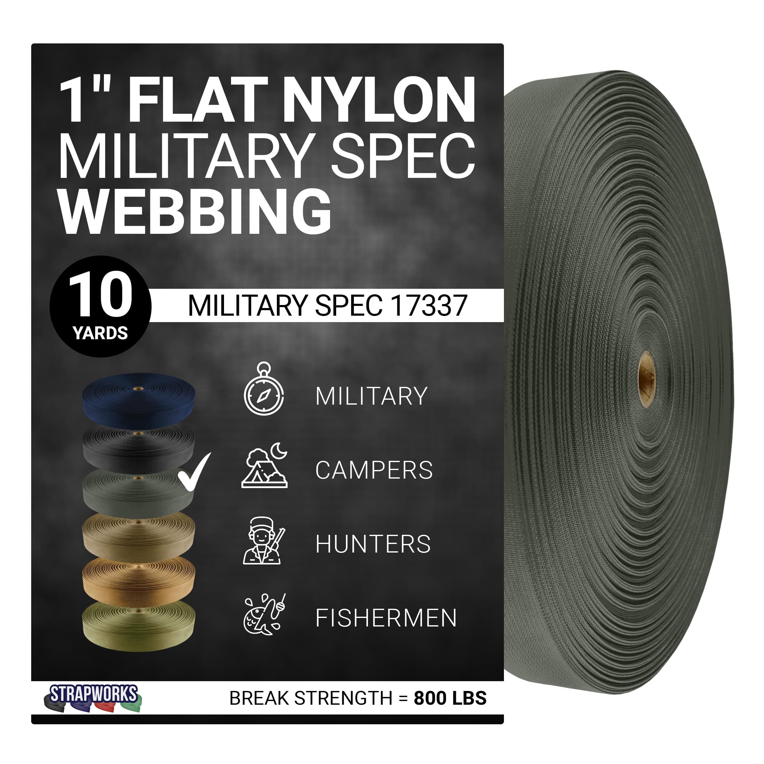 Strapworks Military Spec Flat Nylon Webbing – MilSpec 17337 Strap For Slings, Backpack Straps, Tactical Projects, 1 Inch x 10 Yards, 6 Colors