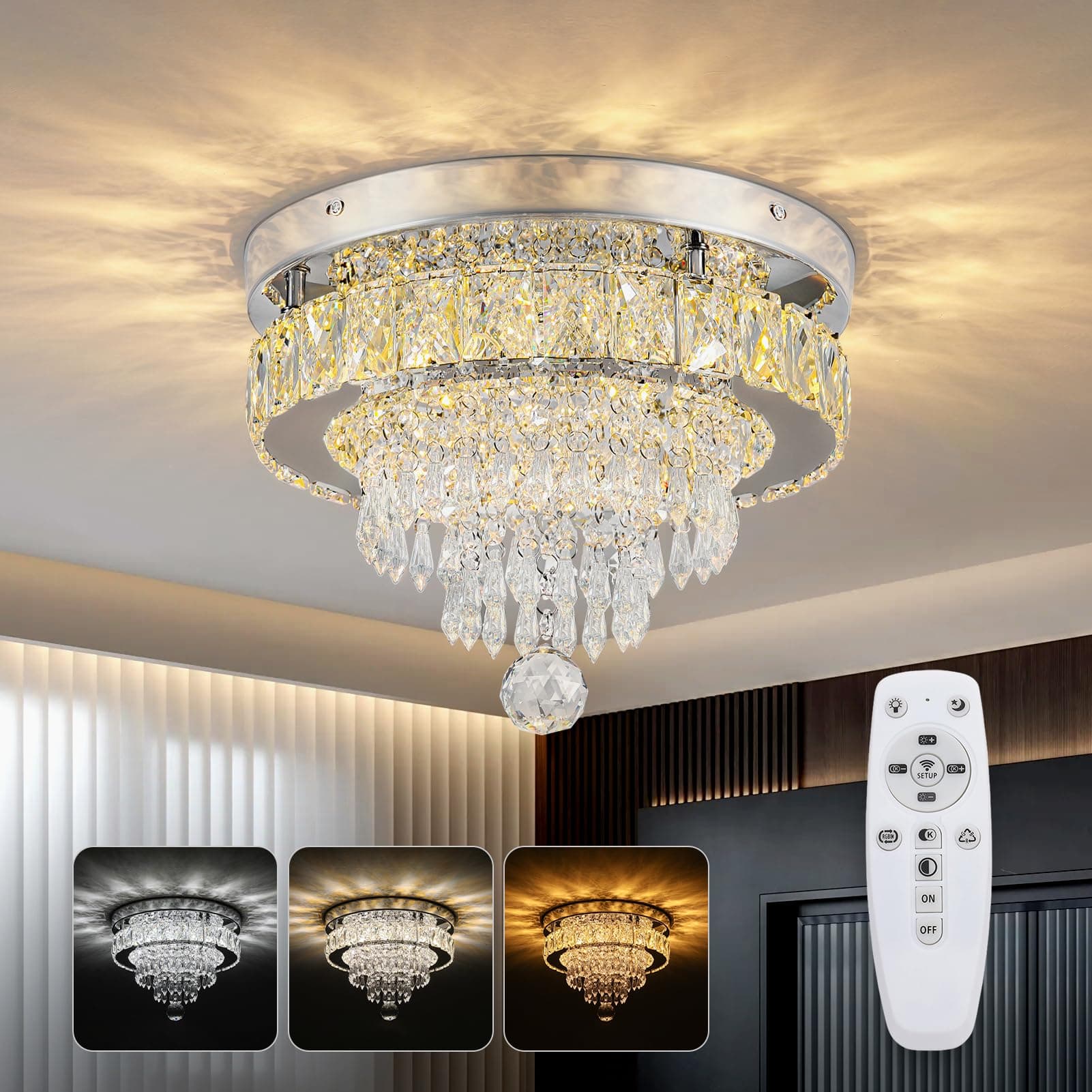 XEMQENER LED Dimmable Chandeliers Ceiling Light, Φ30cm Modern Flush Crystal Ceiling Light, Round Mini Crystal Chandelier with Clear K9 Crystals & Remote for Bedroom Living Room Dining Room Hallway