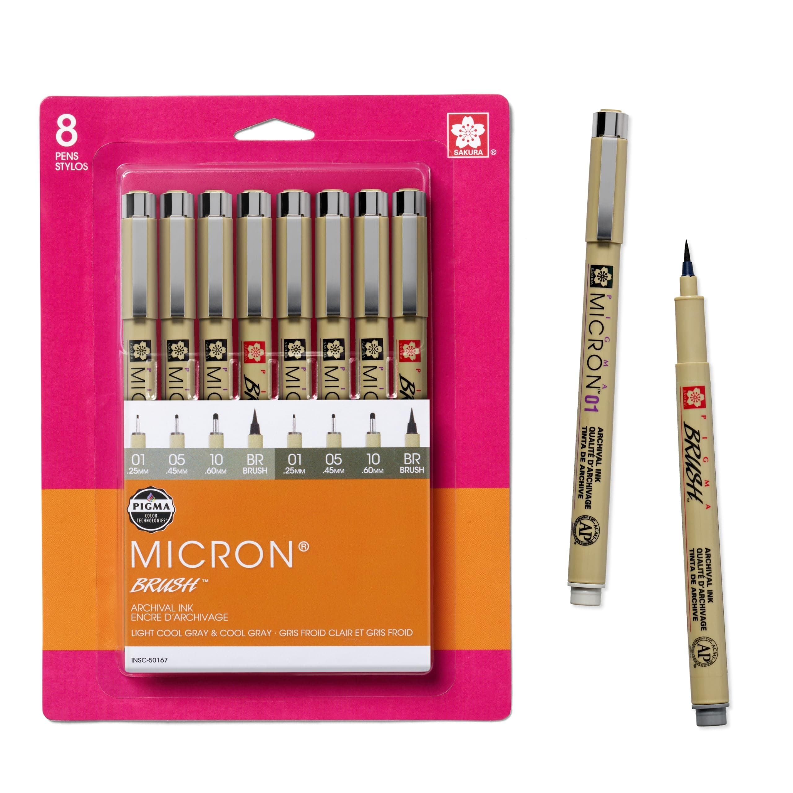 SAKURA Pigma Micron Fineliner Pens, Multi-tip Set, Archival Gray Ink, 8 PK 50167