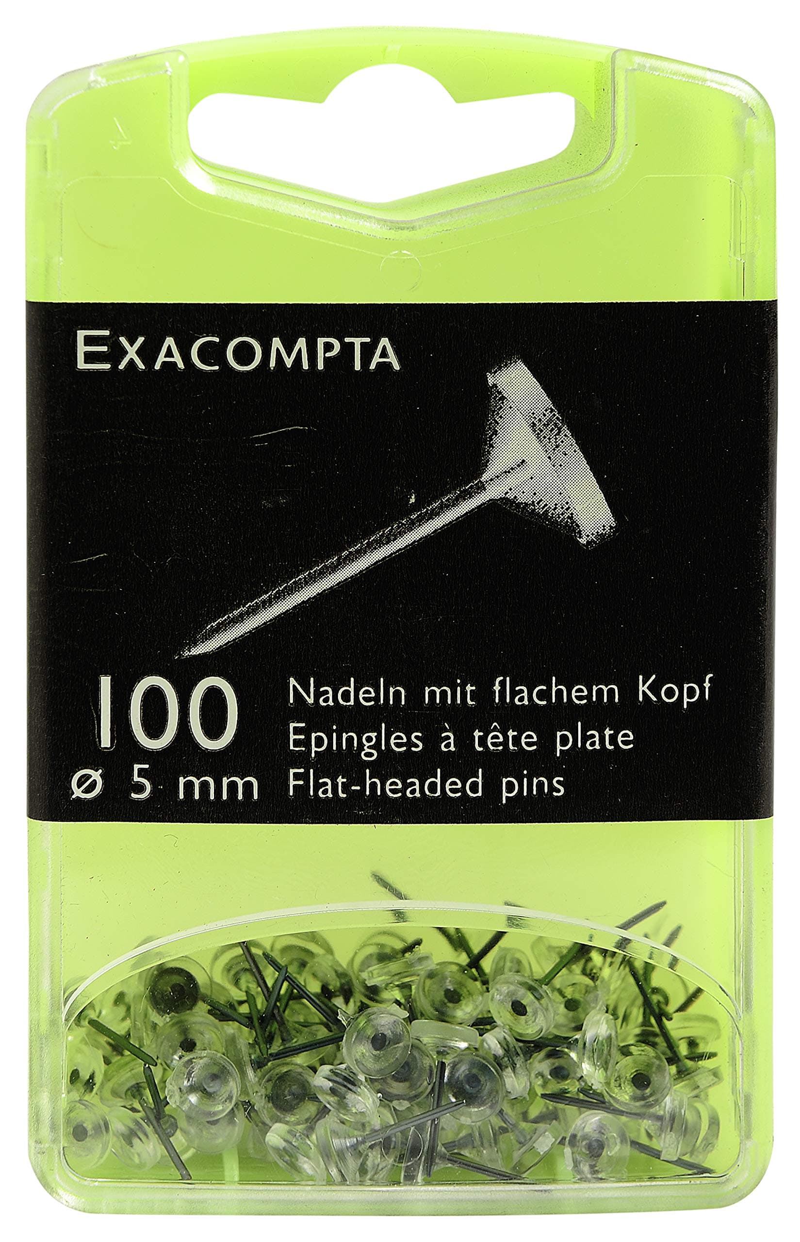 Exacompta - Ref 14512E - Flat-Headed Pins (Pack of 100) - 8mm Width x 5mm Height in Size - Suitable for Pinboards or Corkboards in Offices, Homes & Businesses - Crystal