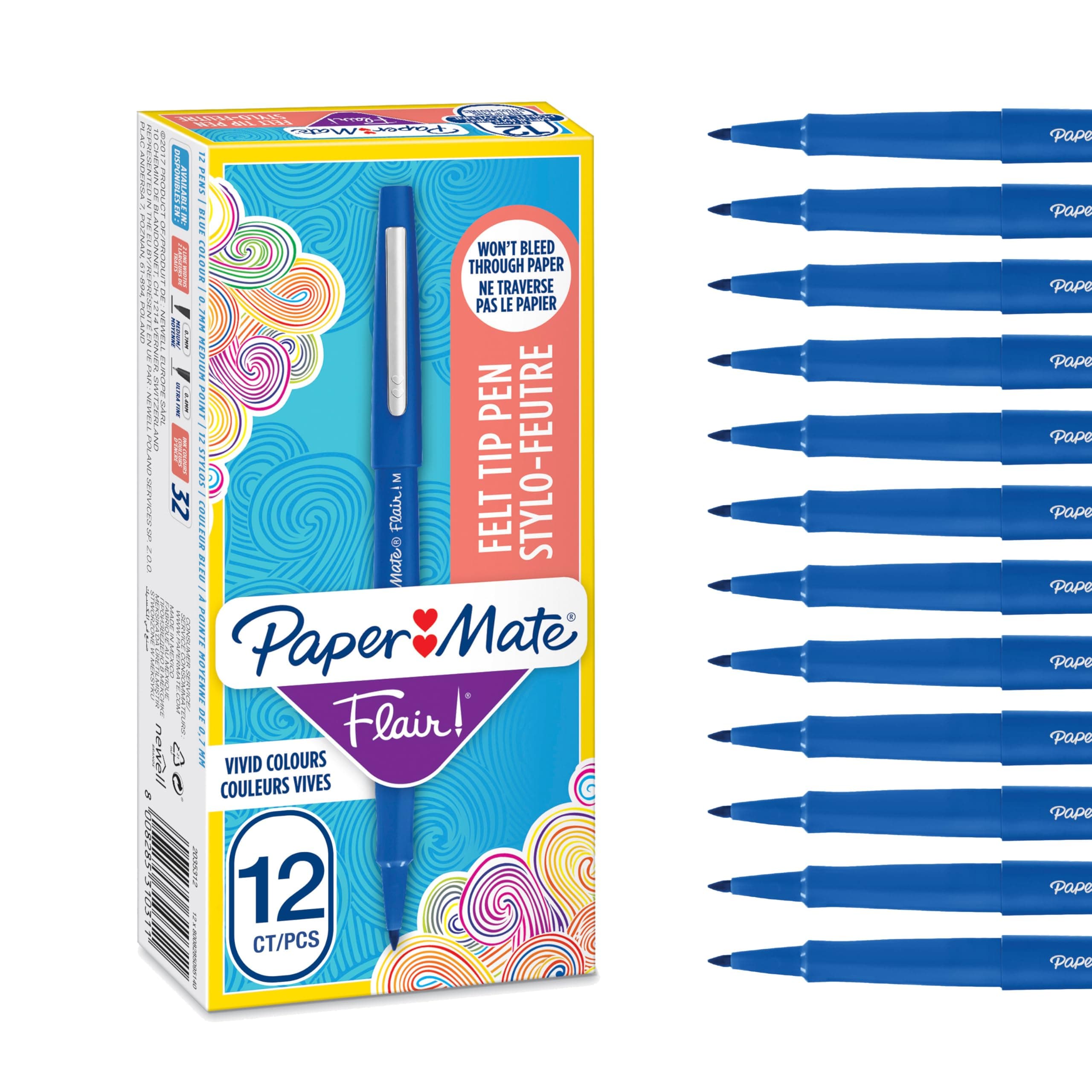 Flair Felt Tip Pens | Medium Point (0.7mm) | Blue | 12 Count