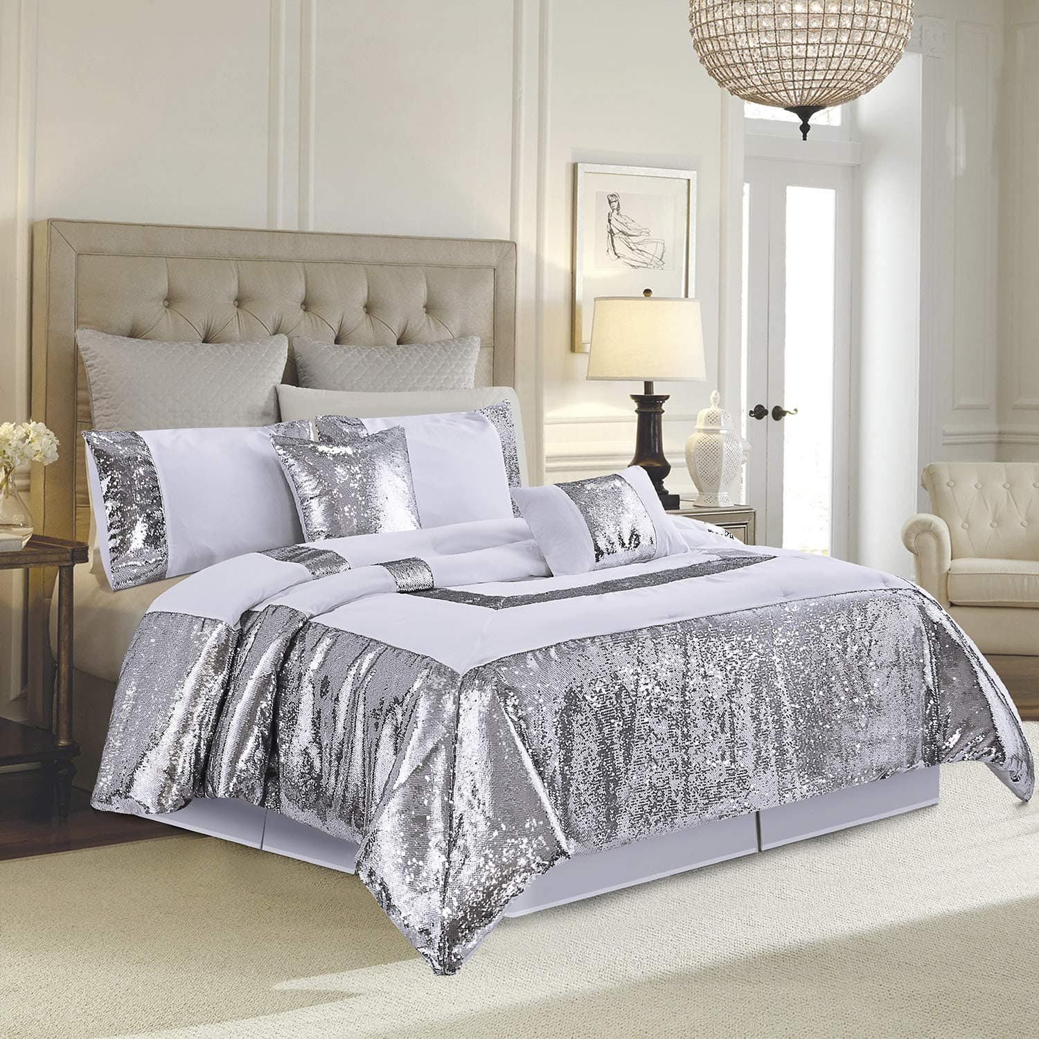 HIG 5 Piece White/Silver Reversible Sequins Patchwork Pattern Comforter Set King Size - Romantic & Premium Bed in A Bag Set- Breathable & Lightweight All Season Bedding Set (Bella)