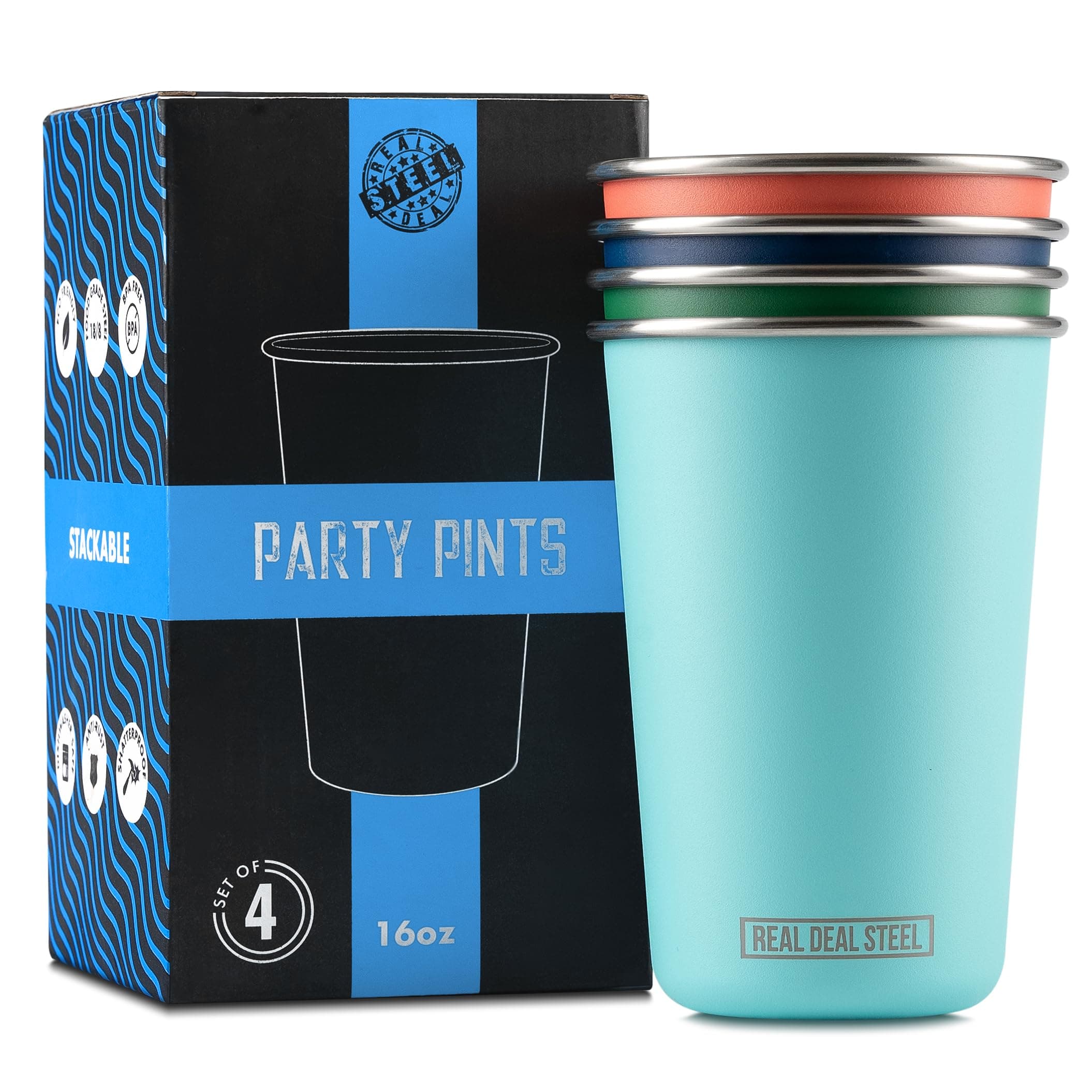 Party Pints: 16 oz Pint Cups, Stackable Tumblers, Eco Friendly Premium Metal Drinking Glasses
