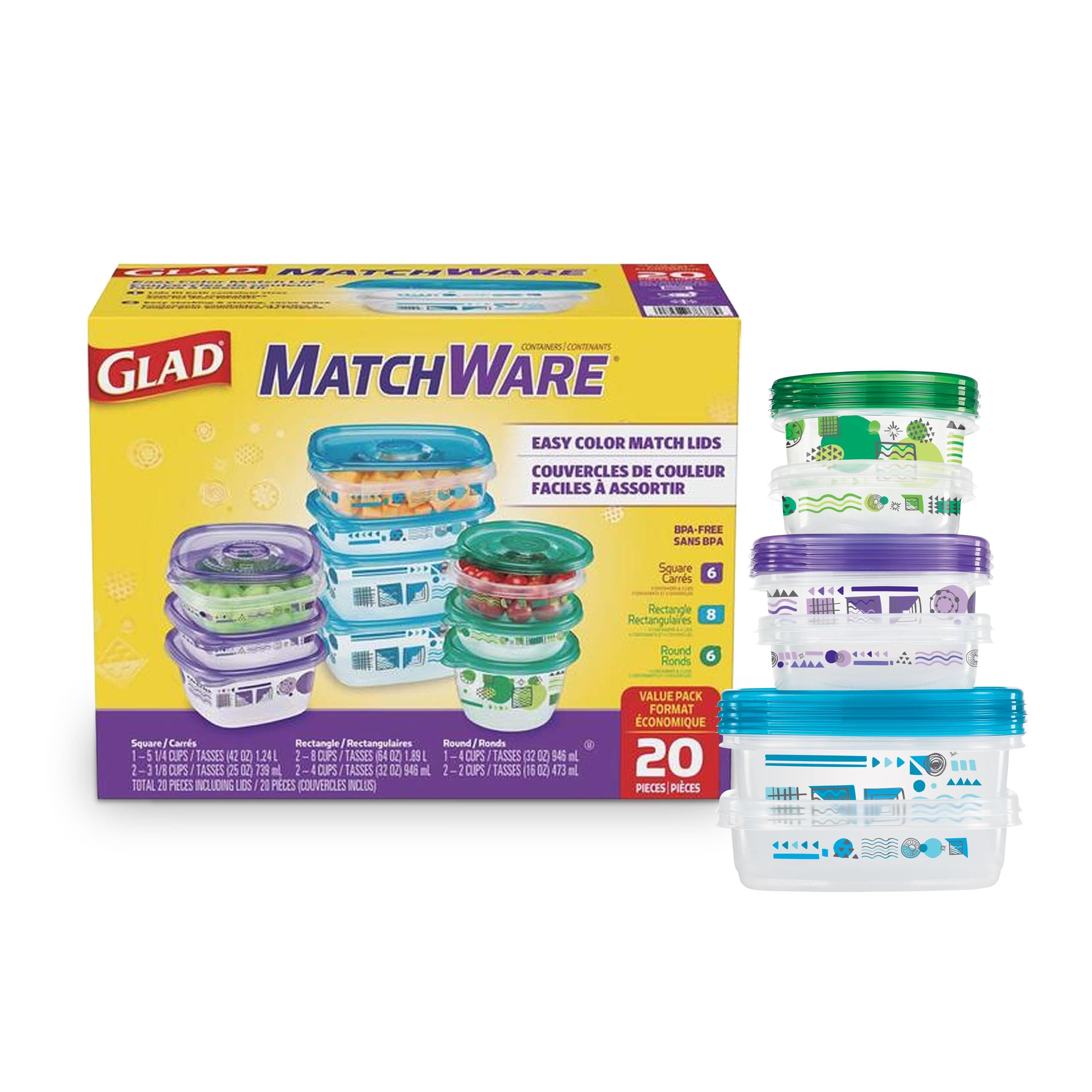 Glad GladWare Matchware Food Storage Containers, Value Pack - BPA Free Containers and Lids in a Variety of Sizes to Hold and Store Food - With Glad Lock Tight Seal, 20 Count