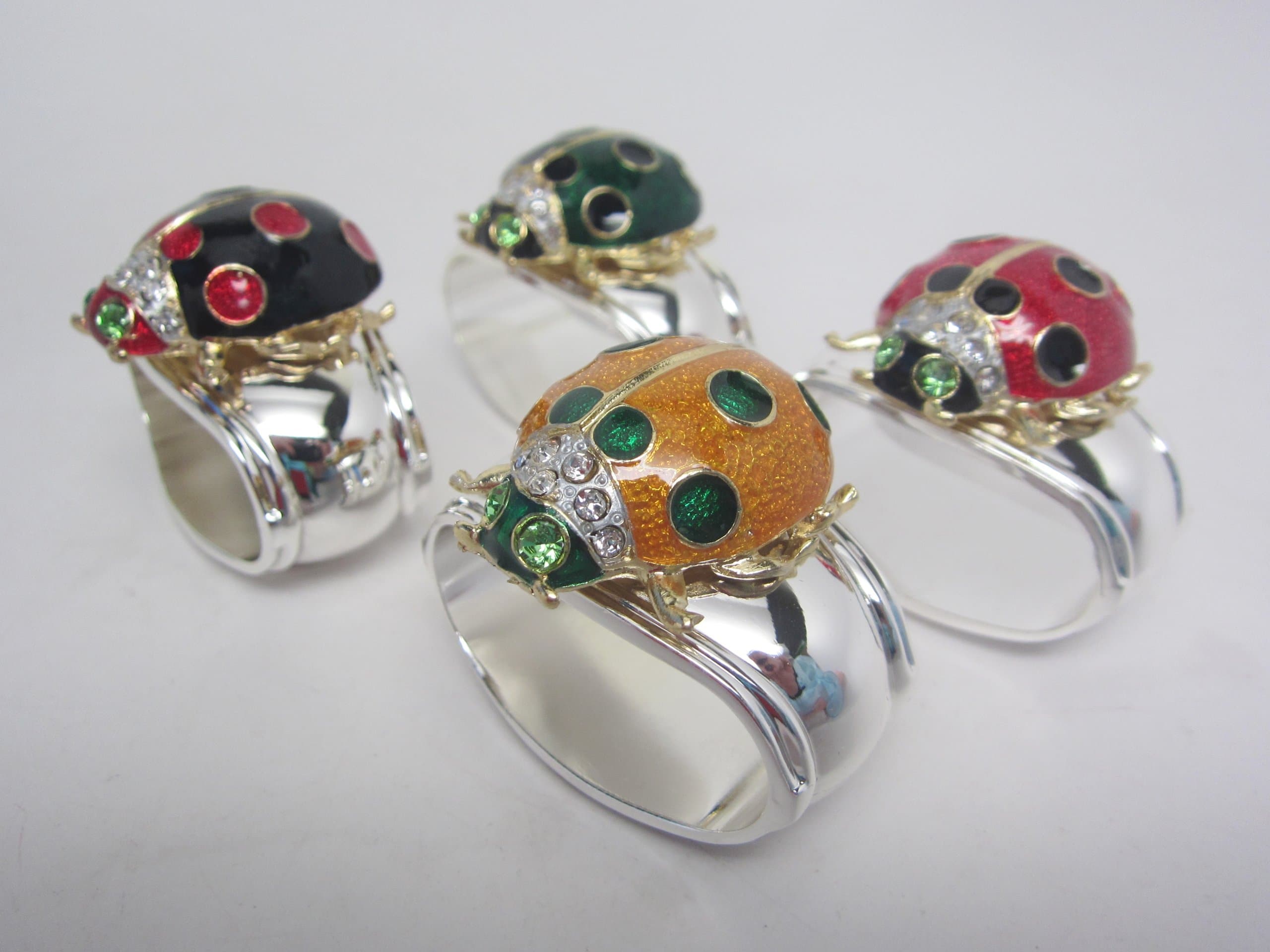 Set 4 LADYBUG Signed Silverplate Figural Napkin Rings Enamel & Crystal Stones, Gift Box