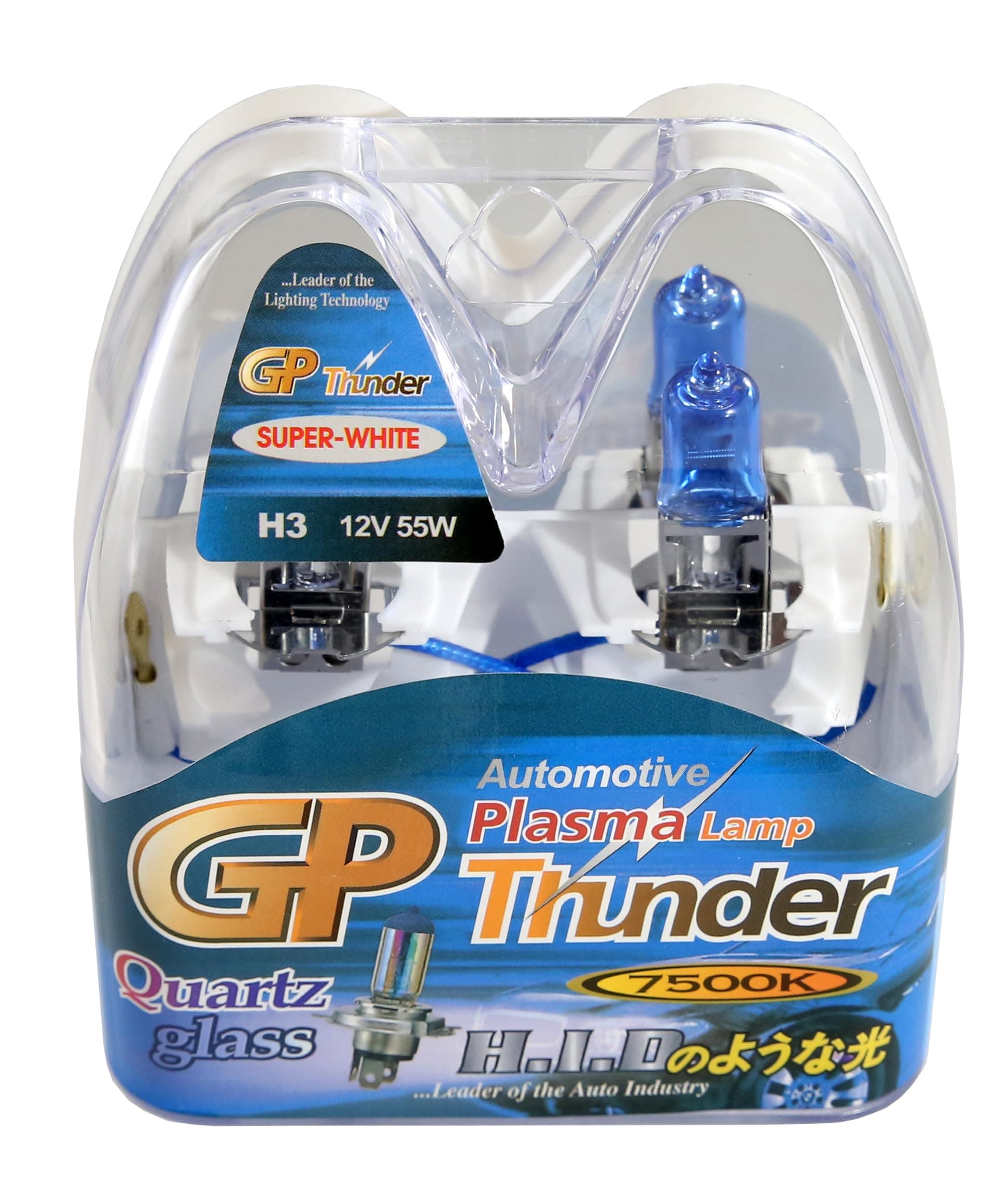 GP Thunder H3 7500K 55W Hyper White with Quartz Glass Headlamp Bulbs for High Beam - Fog Lights - Day Time Running Light - Xtreme SGP75K-H3