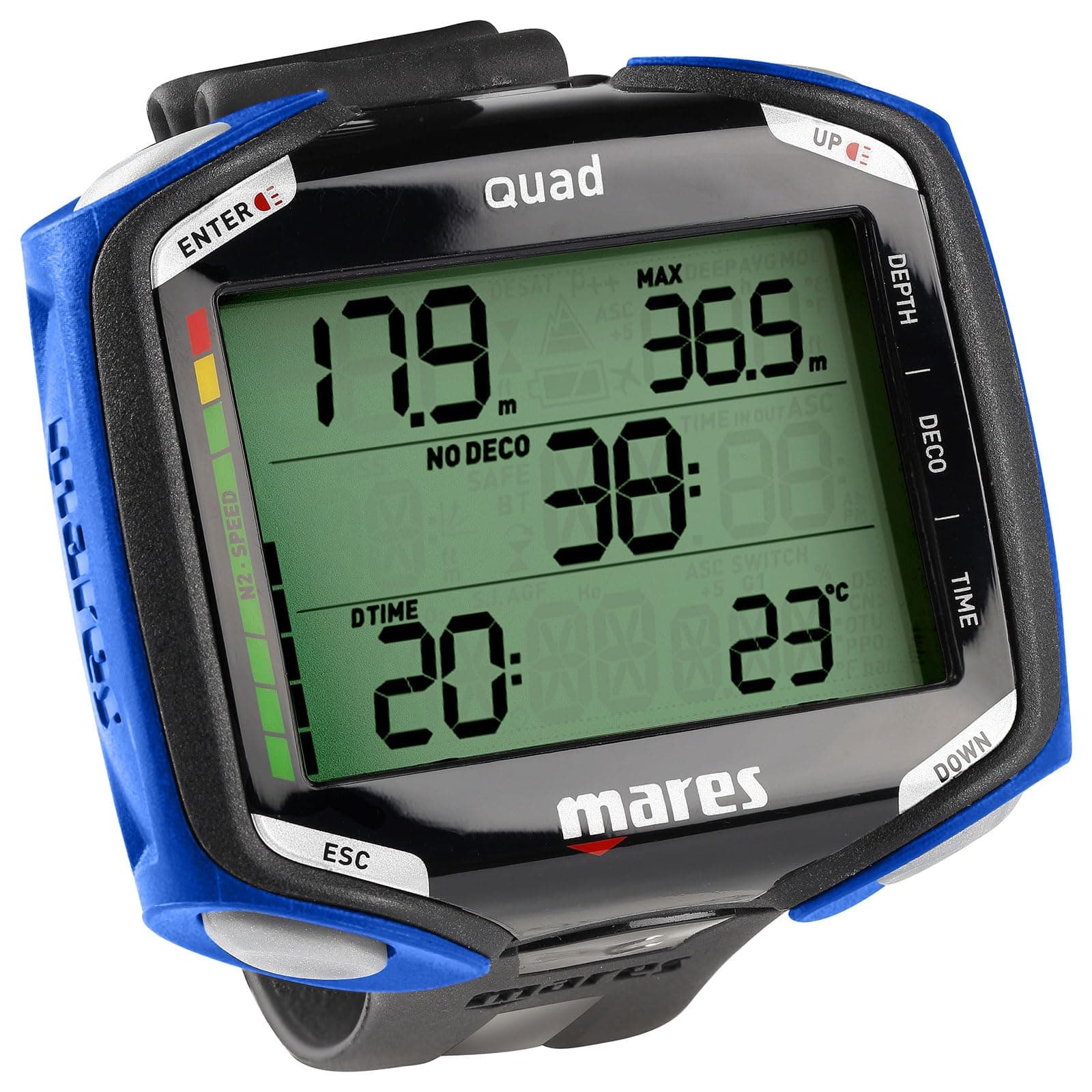 Mares Quad Wrist Dive Computer - Ergonomic Multi-Gas Scuba Diving Accessory with Large Easy-to-Read Screen & Mirrored Button Function for Enhanced Underwater Navigation, Black/Blue