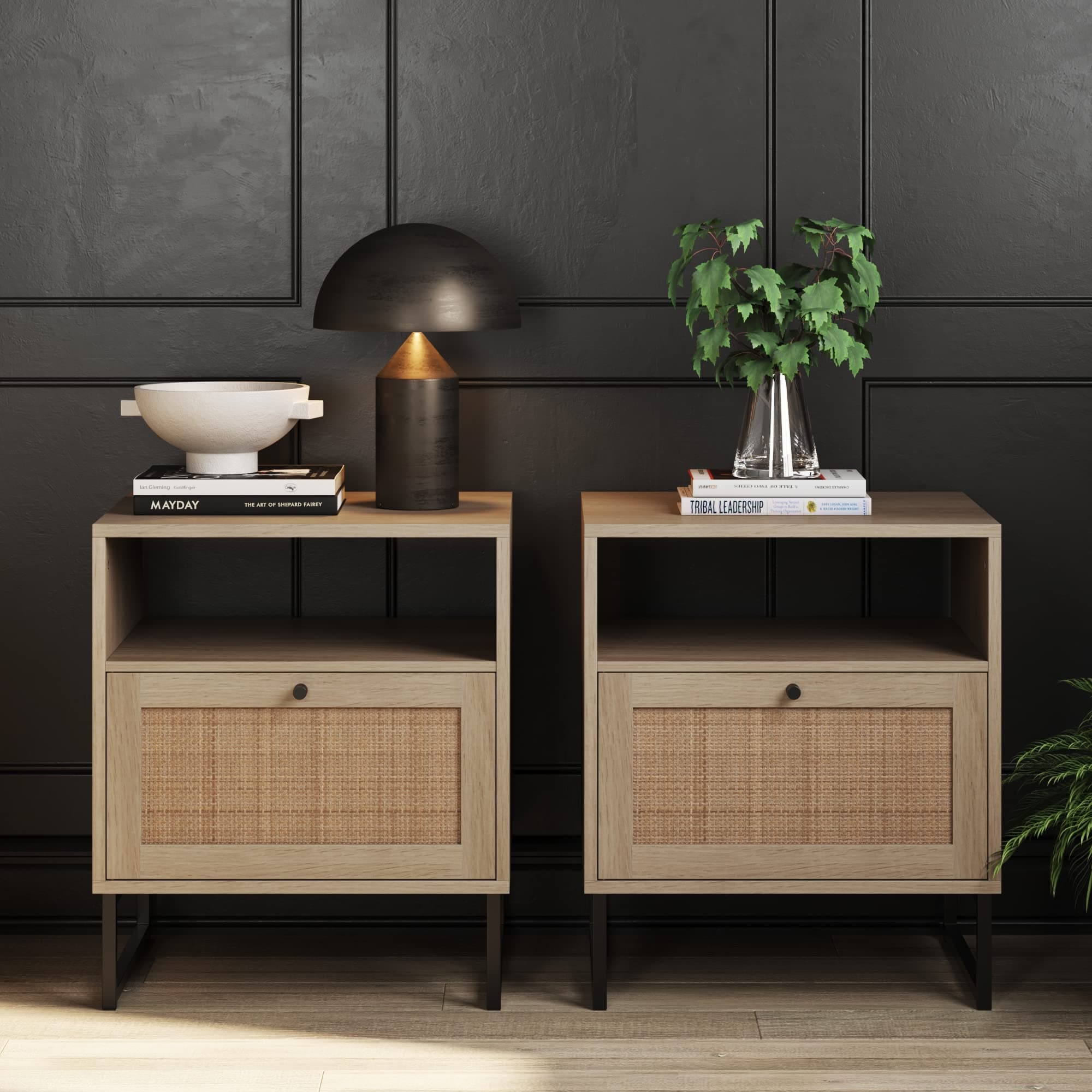 Mina Side, End or Accent Table in a Natural Oak Wood Finish & Matte Black Accents with Storage for Living Room or Nightstand for Bedroom, Oak/Black, Set of 2