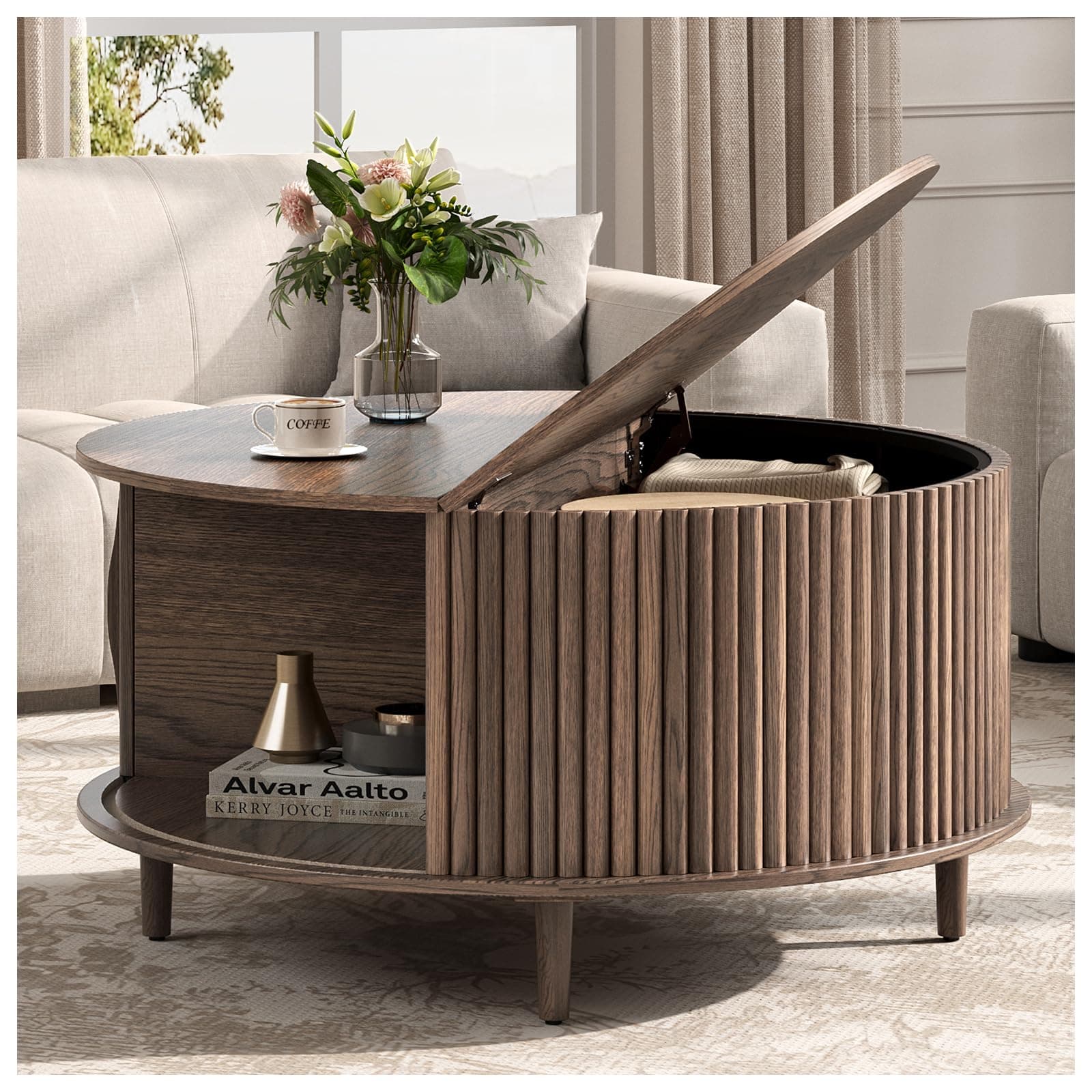 Round Coffee Table with Storage, 31.5" Fluted Center Table for Living Room, Modern Walnut Wood Circle Drum Table with Sliding Cabinet Door, Mid Century Furniture for Small Space
