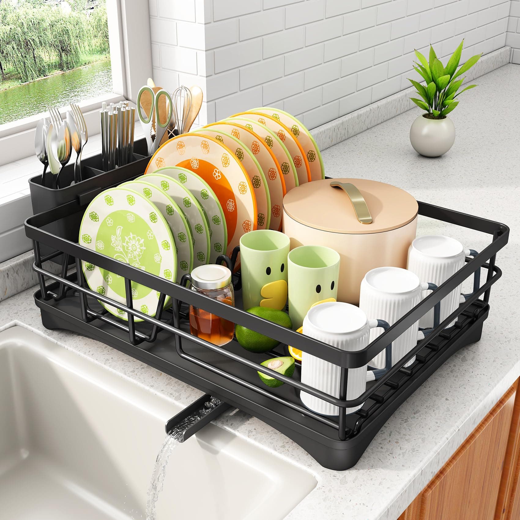 SAYZH Dish Drying Rack - Rust Resistant Dish Drainer for Kitchen Counter with Drainboard & Rotating Spout, Large-Capacity Dish Rack with Removable Utensil Holder, Space-saving kitchen organizer, Black