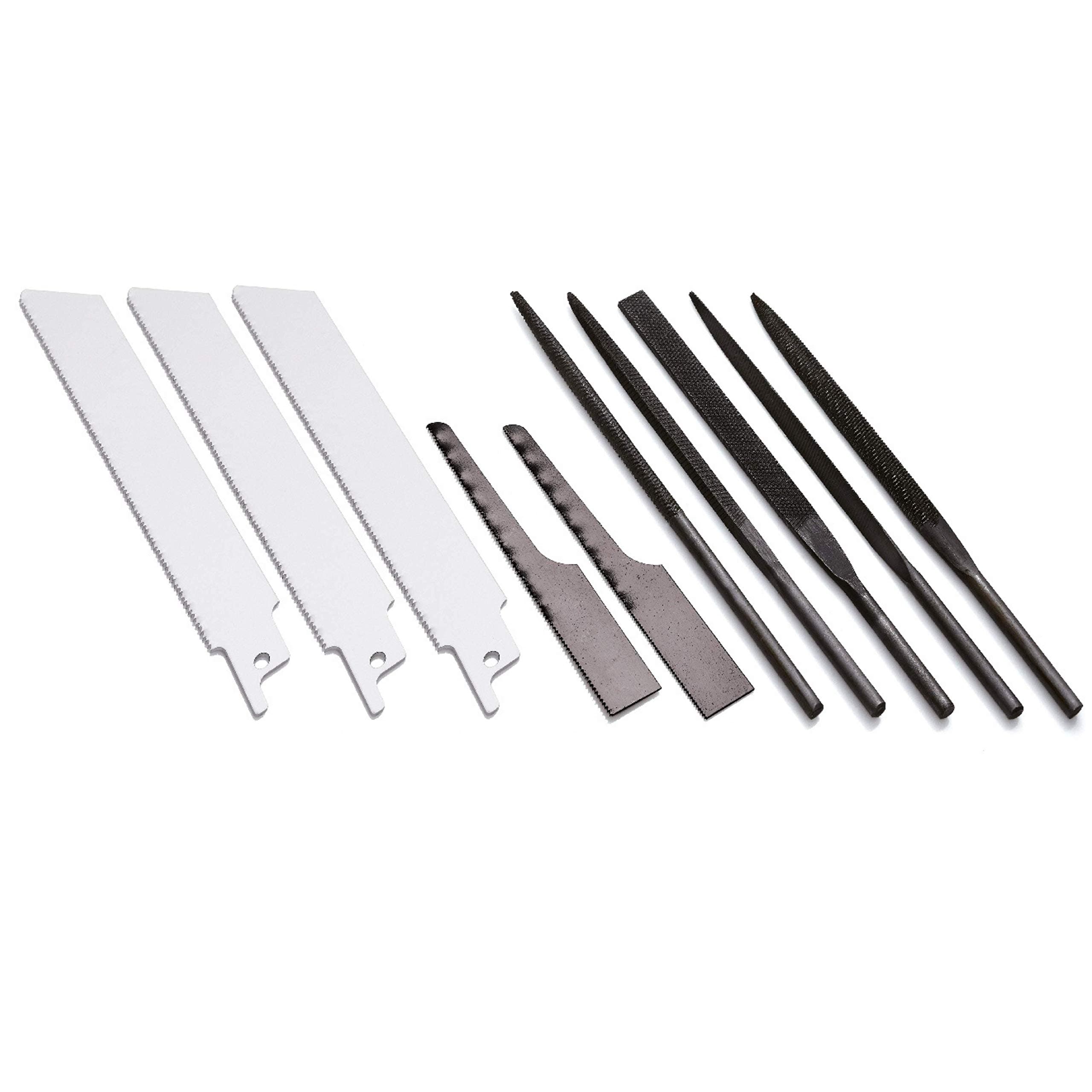 Berkling Tools10 PCS Air Saw and Air File Blade Bundle Kit: 3x18 TPI / 1x24 TPI / 1x32 TPI Bi-Metal Saw Blades, and Rectangular, Round, Half Round, Triangular, Square Metal File Needle Blade One Each
