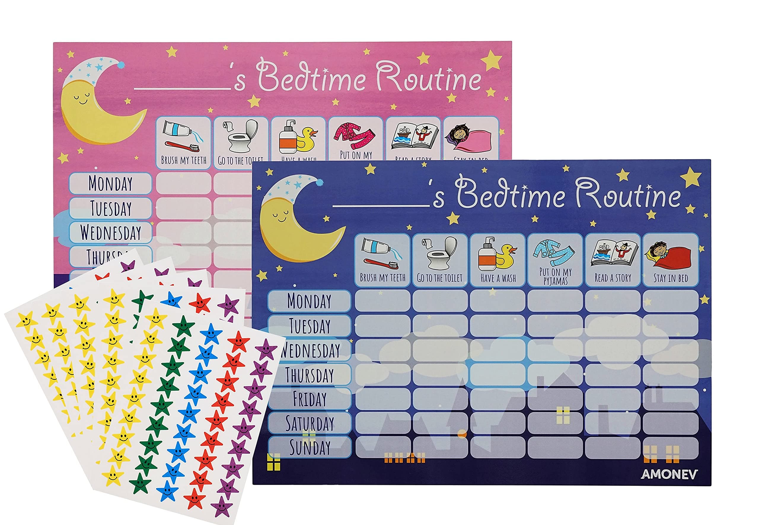 Amonev Bedtime Routine Chart Reward Chart for Sleep Training Twin Pack chart for Boys Girls toddlers and young children with 225 stars stickers included
