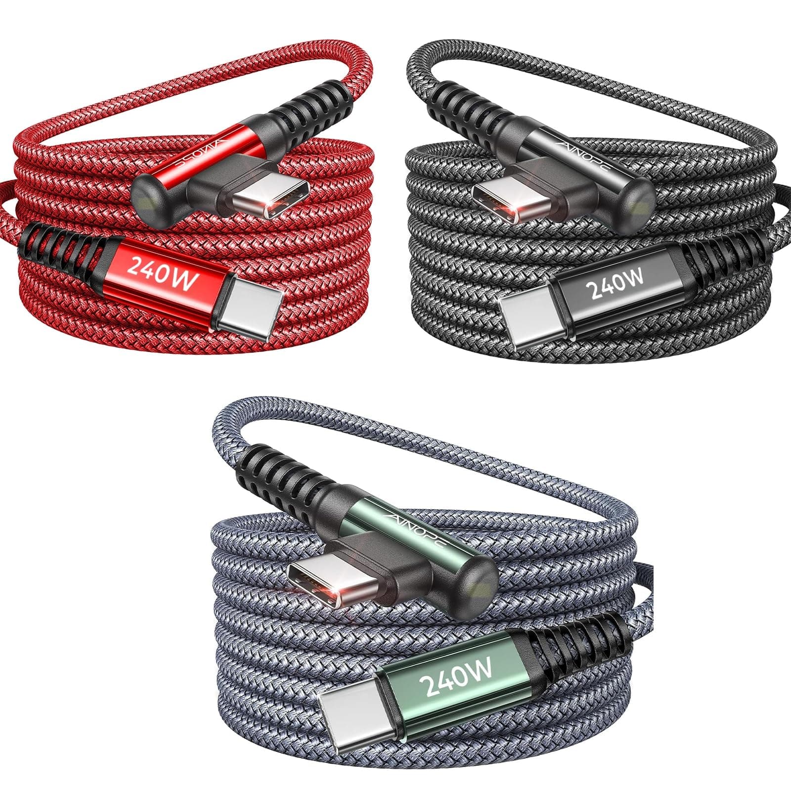 AINOPE 240W USB C to USB C Cable Fast Charging 3FT,Right Angle Fast Type C Charging Cable Fits iPhone 16 Pro Max Plus,iPhone 15,MacBook Air/Pro,iPad Pro,Samsung,Pixel,All Devices,Black,Grey,Red