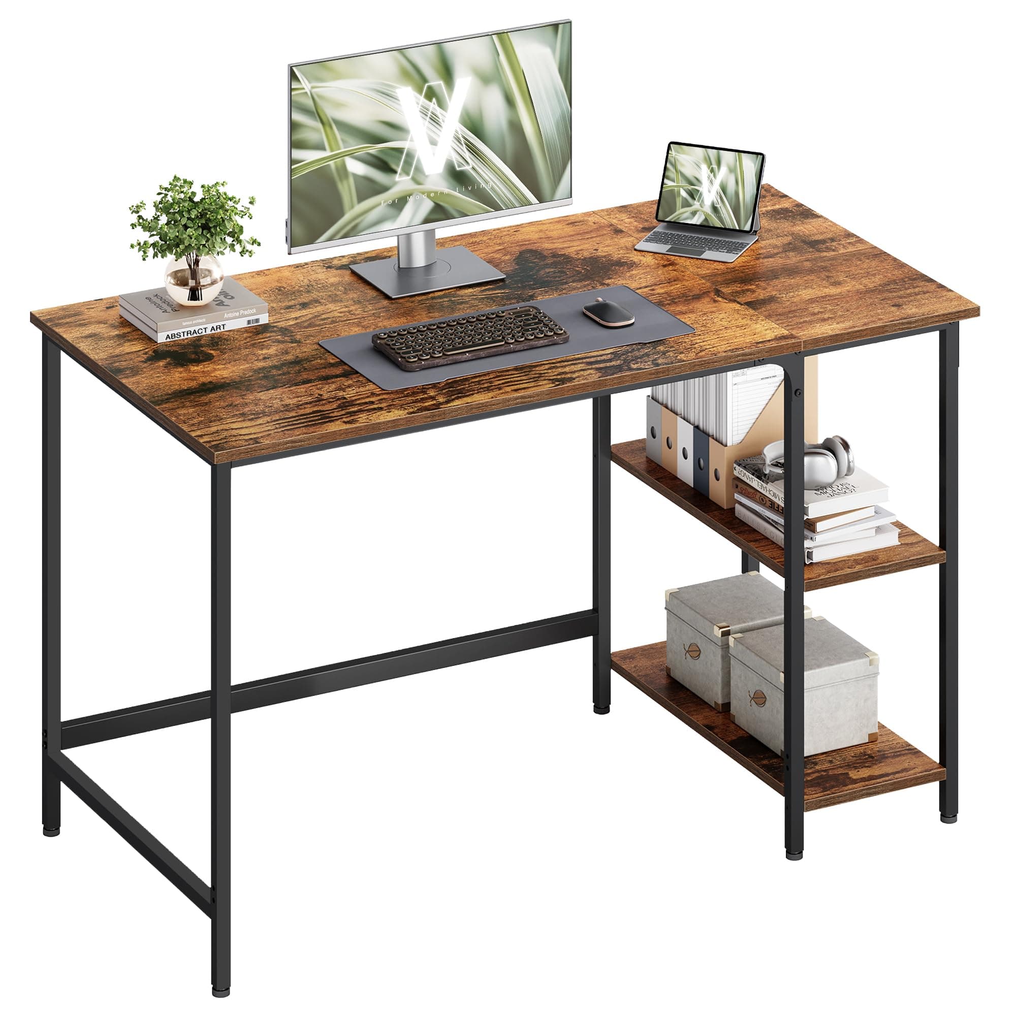 VASAGLE Computer Desk, Writing Desk with 2 Shelves on Left or Right, Work Table for Office Living Room, Steel Frame, Industrial, Rustic Brown and Black LWD47X