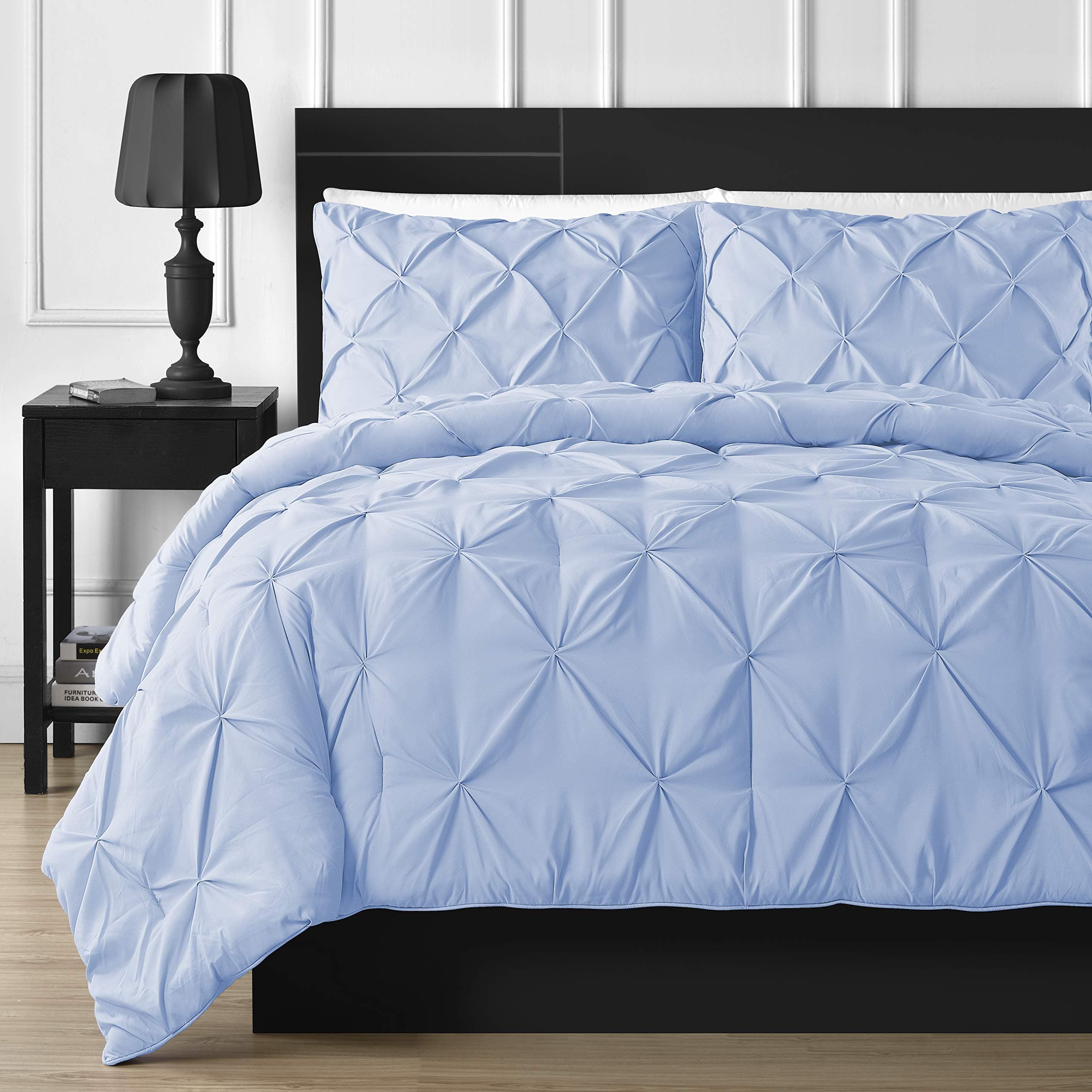 Comfy Bedding Double Needle Durable Stitching 3-Piece Pinch Pleat Comforter Set All Season Pintuck Style, Full, Light Blue