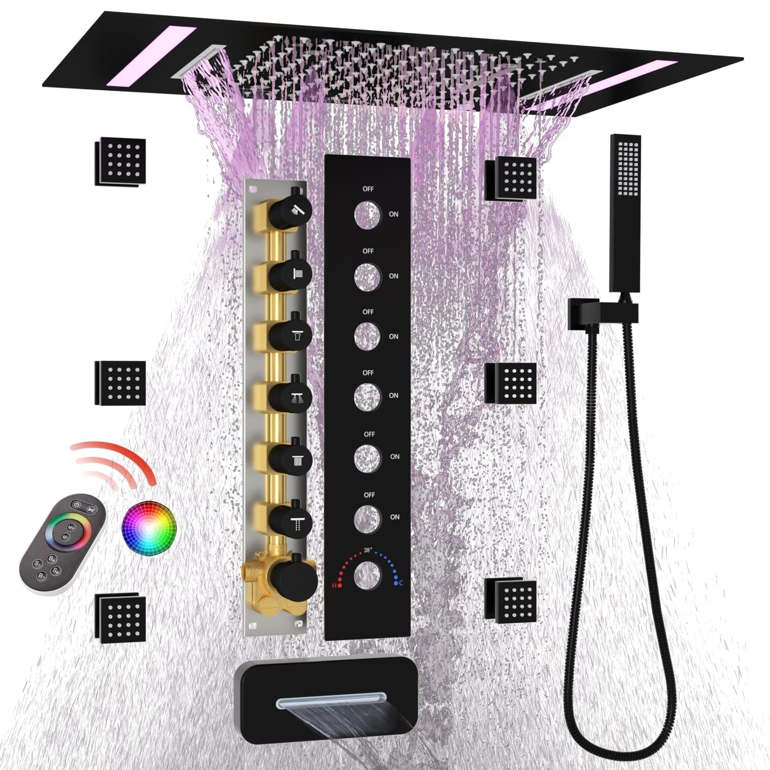- LED Multi Functions Full Body Shower System with 6pcs Body Jets Spray with(Up/Down )Shower Spout, Large 3 In 1 Functions 14x20inch Showerhead, Rainfall Mist Shower Faucet Set Complete, Black