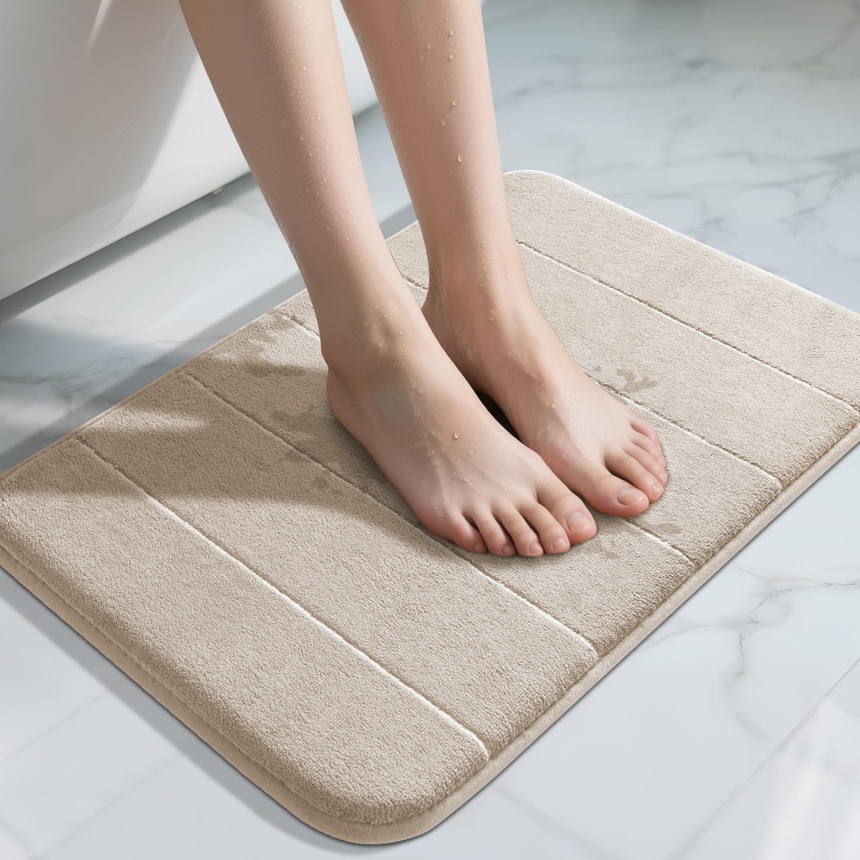 Yimobra Bath Mat Memory Foam, Soft Comfortable, Super Water Absorption, Non-Slip, Thick, Machine Wash, Easier to Dry for Bathroom Floor Rug, Beige, 43 x 61 cm