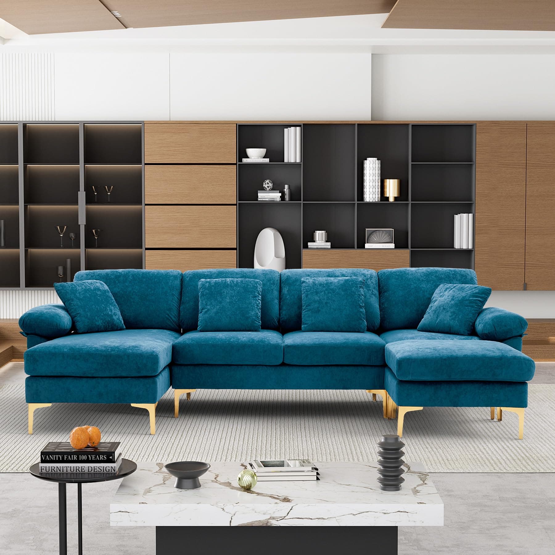 OUYESSIR U-Shaped Sectional Sofa Couch, 4 Seat Sofa Set for Living Room, Convertible L-Shaped Velvet Couch Set with Chaise Lounge, Ottoman and Pillows,114 inches (Teal Blue)