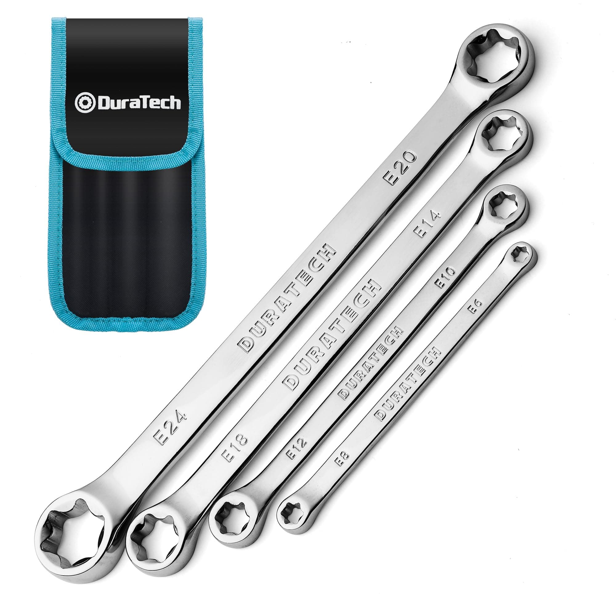 DURATECH 4-Piece E-Torx Wrench Set, Double Box End Wrench Set, CR-V Steel, Including E6*E8, E10*E12, E14*E18 and E20*E24, Organized in Pouch