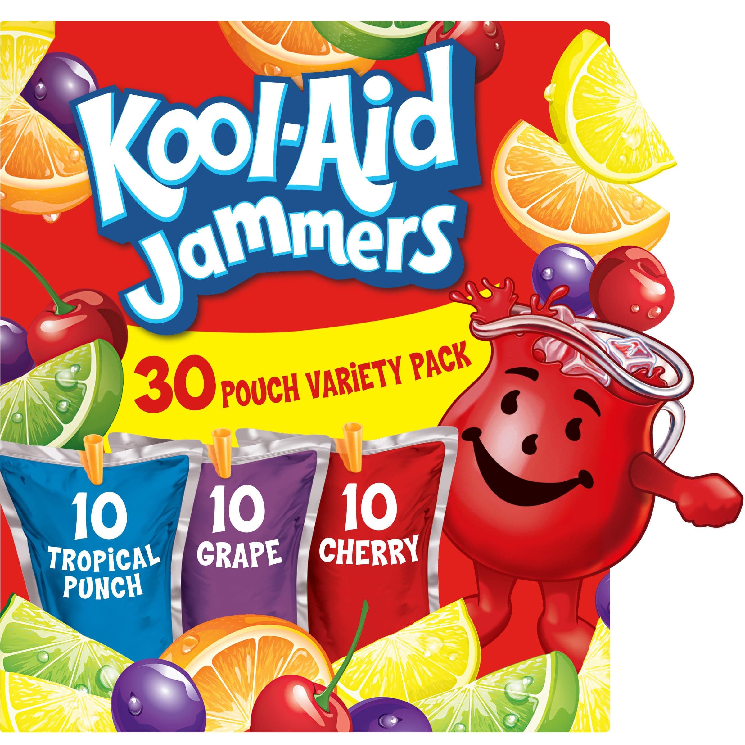 Kool-Aid Jammers Drink, 30 Pouches, for School Lunches and On-the-Go Hydration, Artificially Flavored Tropical Punch, Grape and Cherry Flavors, 6 fl oz