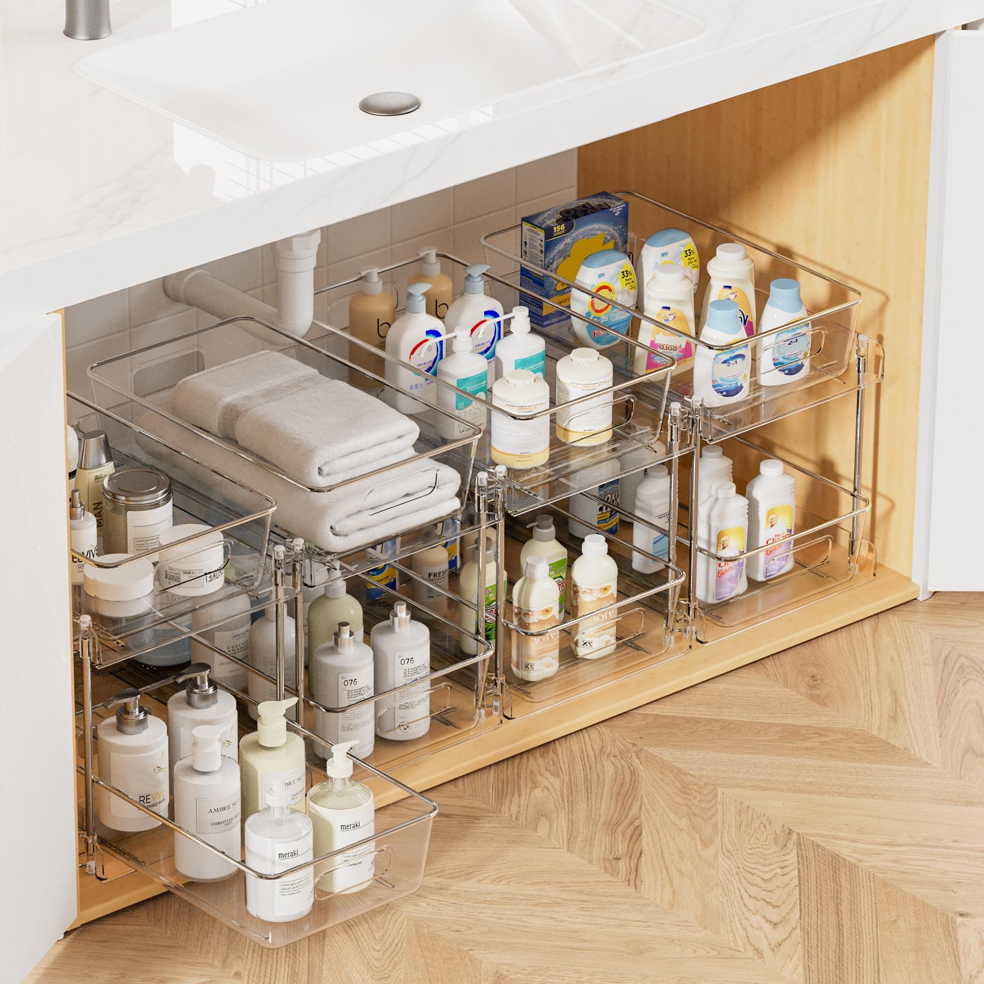 Vtopmart 2 Tier Bathroom Storage Organizer, 4 Pack Clear Under Sink Organizers Vanity Counter Storage Container, Medicine Cabinet Drawers Bins, Pull-Out Organization with Track for Pantry, Kitchen