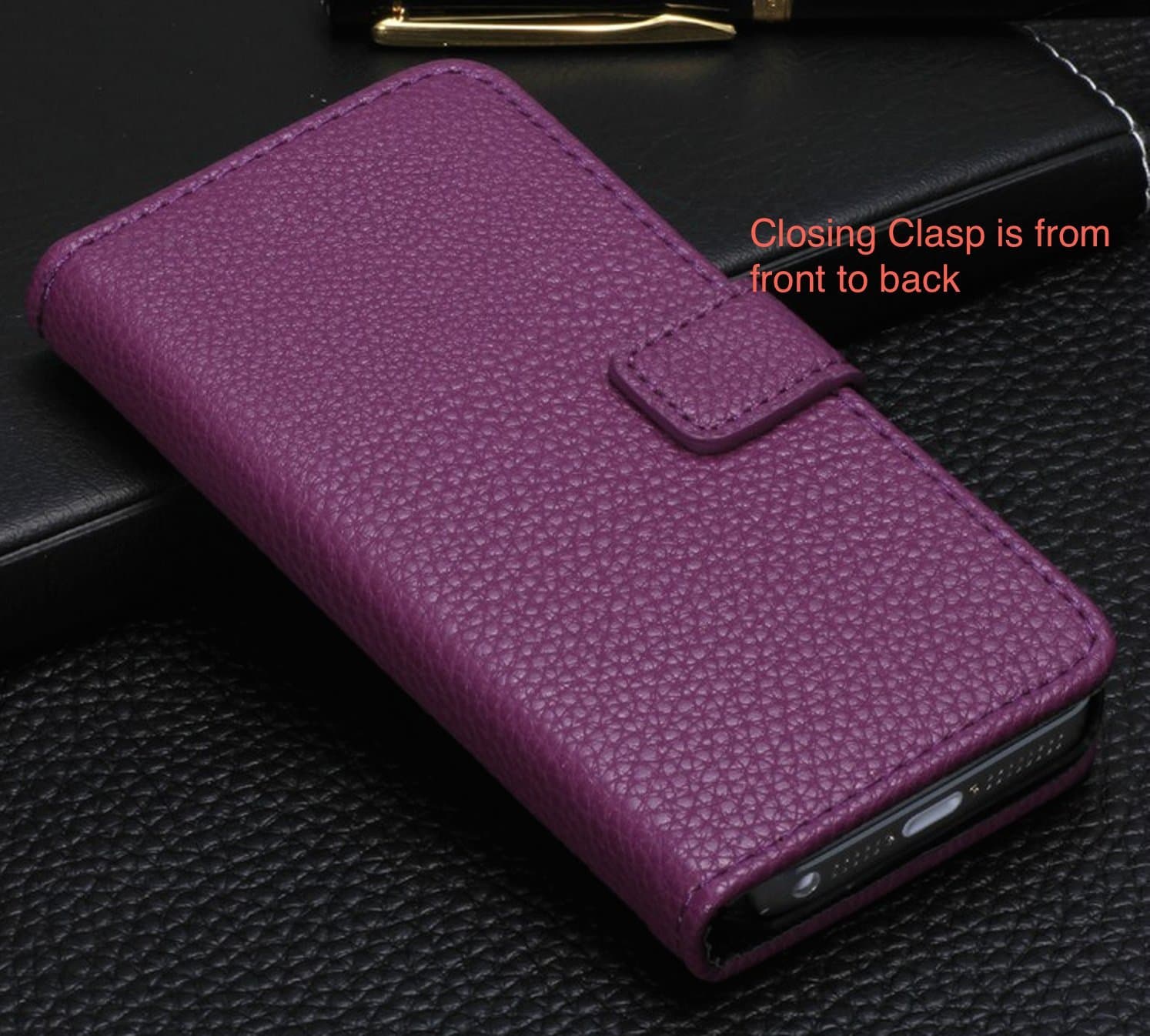 CaseMore Purple Leather Wallet Case for iPhone 5S iPhone 5 with Strap and inbuilt Flip Stand