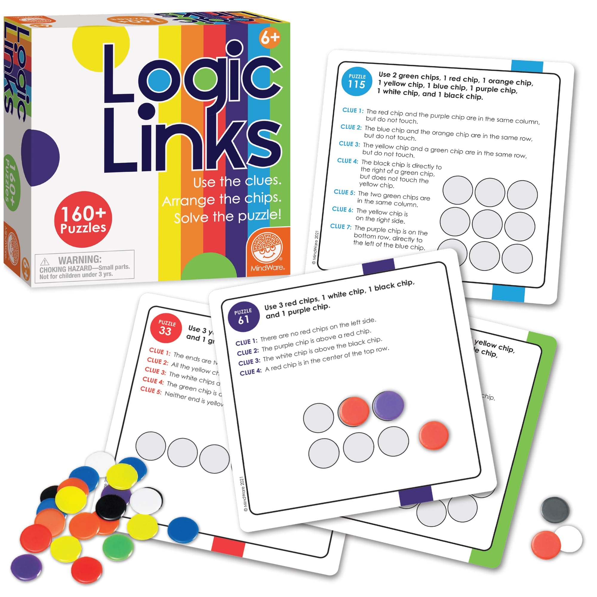 Logic Links Puzzle Games - Brain Teaser Puzzles for Kids and Brain Games for Adults - 166 Challenging Brain Puzzles, 32 Game Chips - Ages 6+