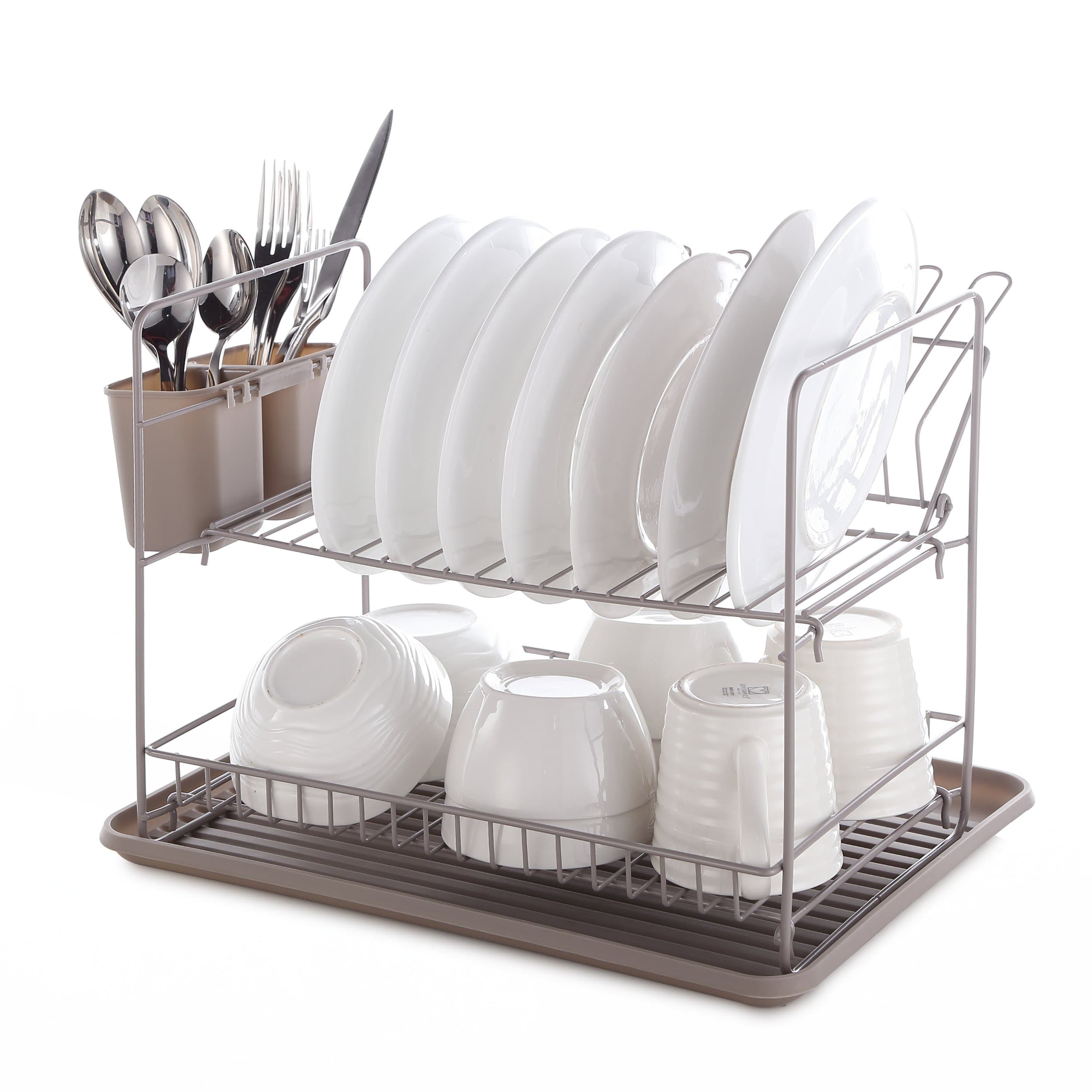 Mari Chef - Warm Grey 2 Tier Folding Dish Rack Drainer and Drip Tray