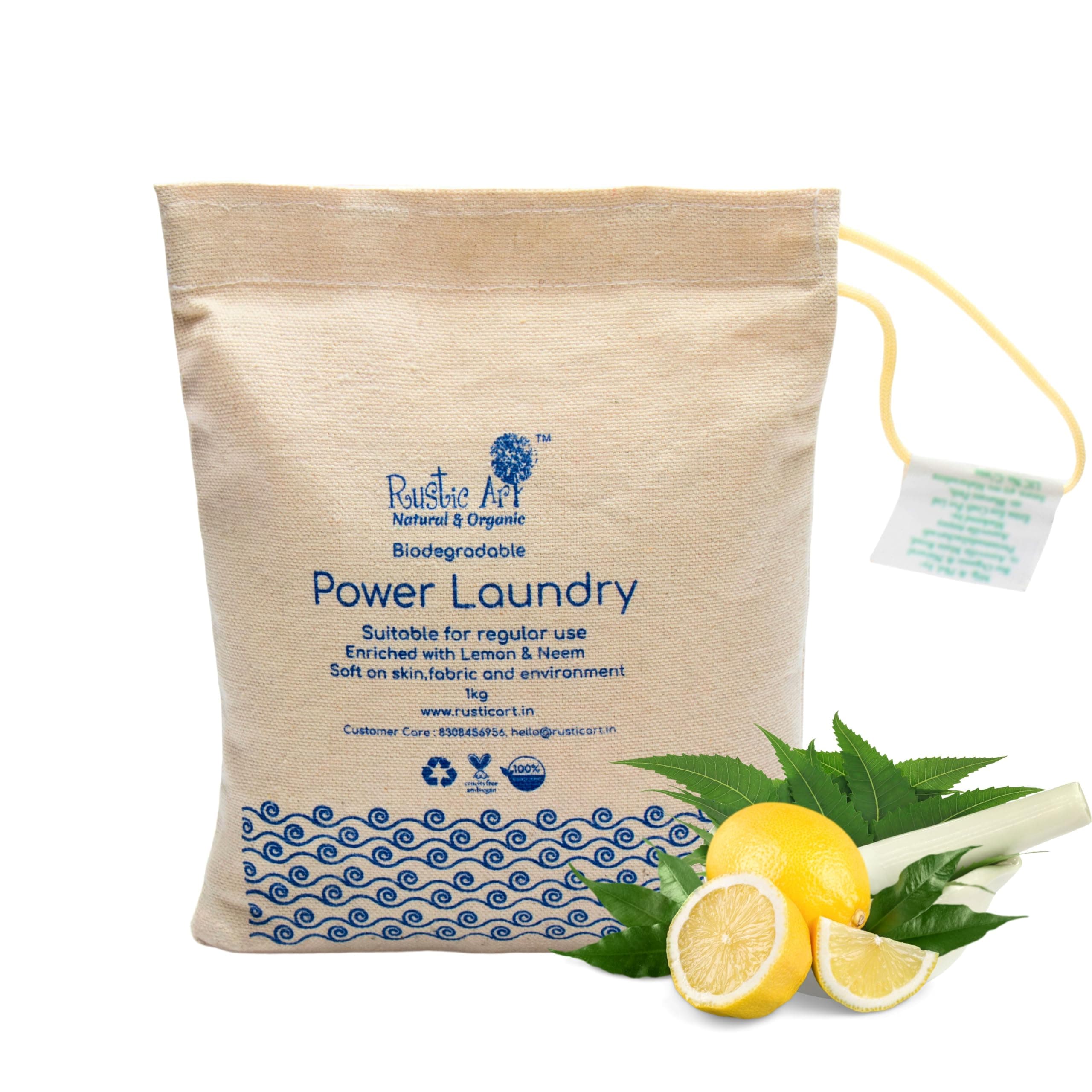 Rustic Art Biodegradable Power Laundry | Enriched With Neem & Lemon | 30-40 Washes per kg | Front & Top Load | Works in Hard Water | 1kg