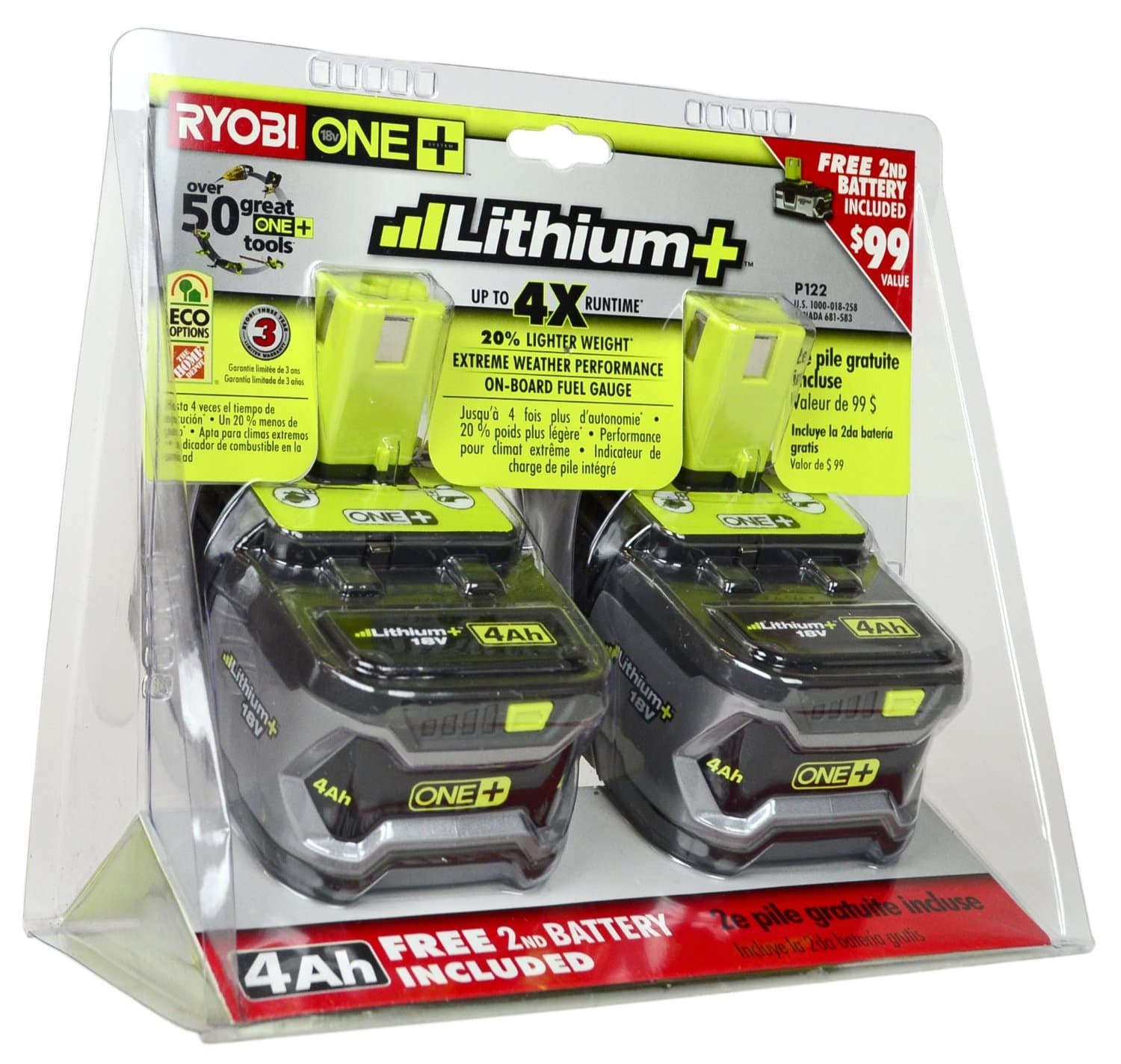 P122 One+ 18-Volt Lithium Plus High Capacity 4-Ah Battery (P108 2pk Retail Package)
