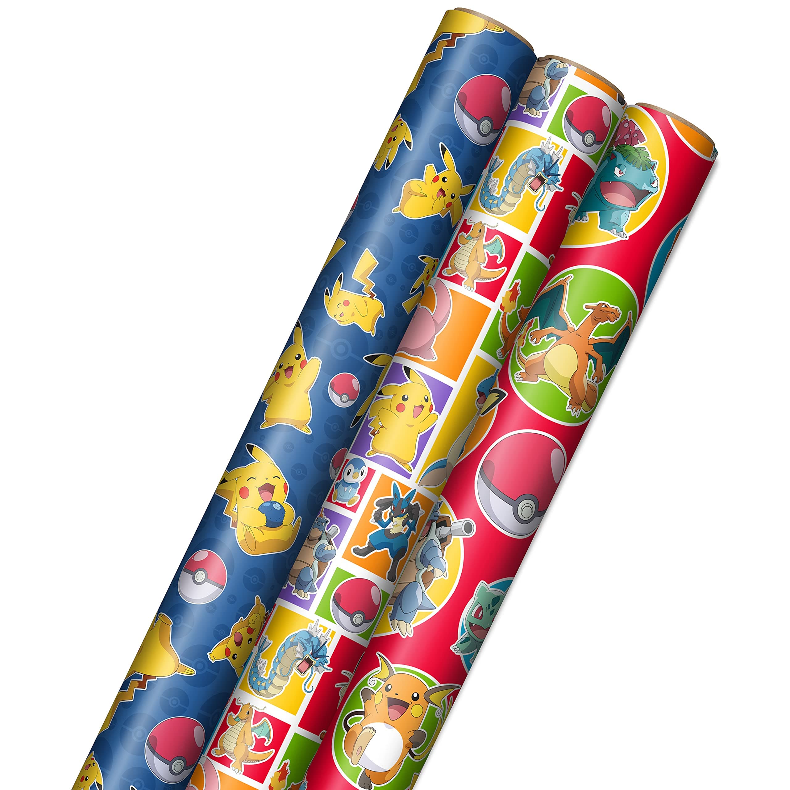 Pokémon Wrapping Paper with Cutlines on Reverse (3 Rolls: 60 Sq. Ft. Ttl) with Pikachu, Charmander, Bulbasaur for Birthdays, Kids Parties, Gamers, Christmas Gifts