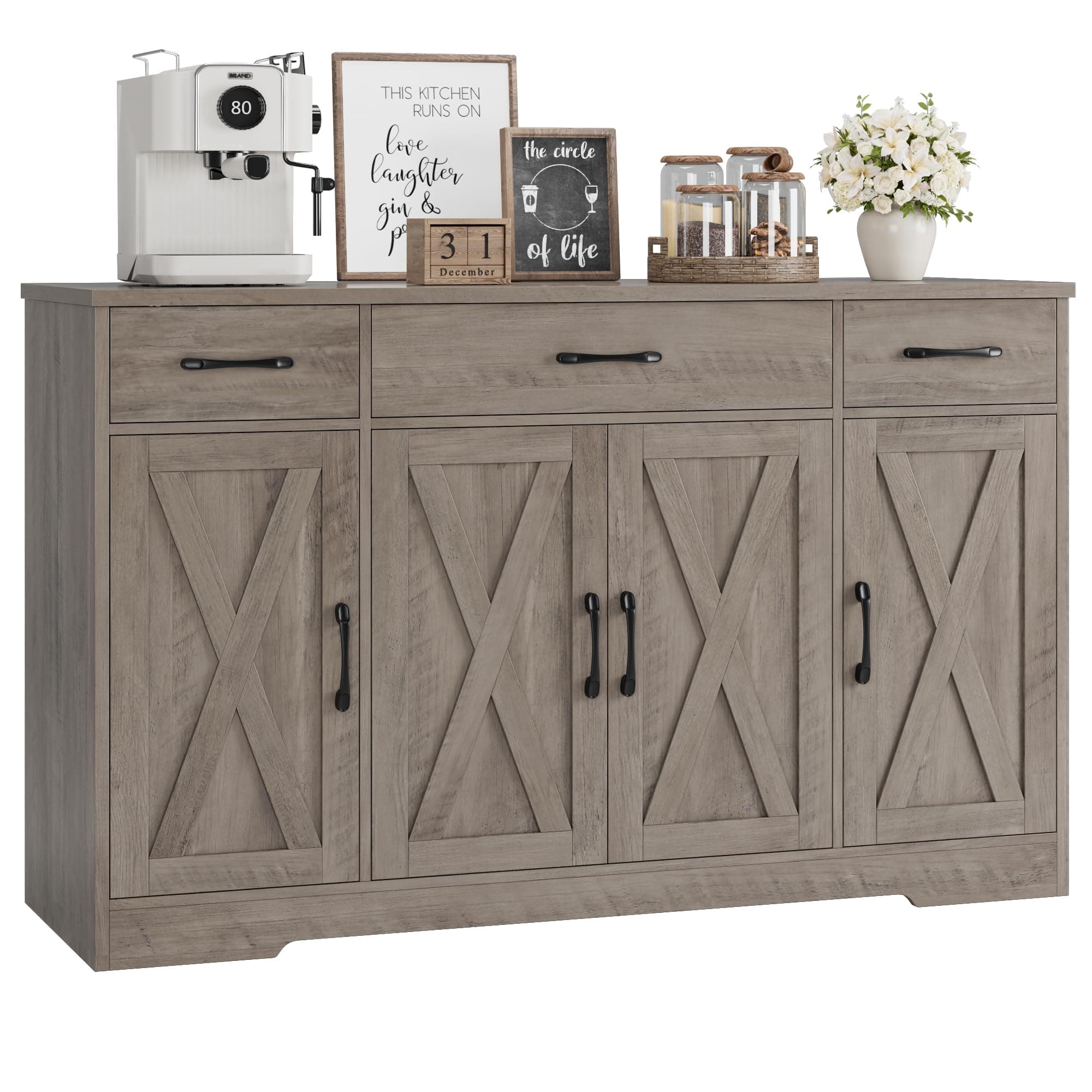 Buffet Sideboard Cabinet with Drawers, 55" Large Buffet Storage Cabinet with Shelves and Doors, Modern Farmhouse Coffee Bar Station for Kitchen, Dining Room, Ash Grey