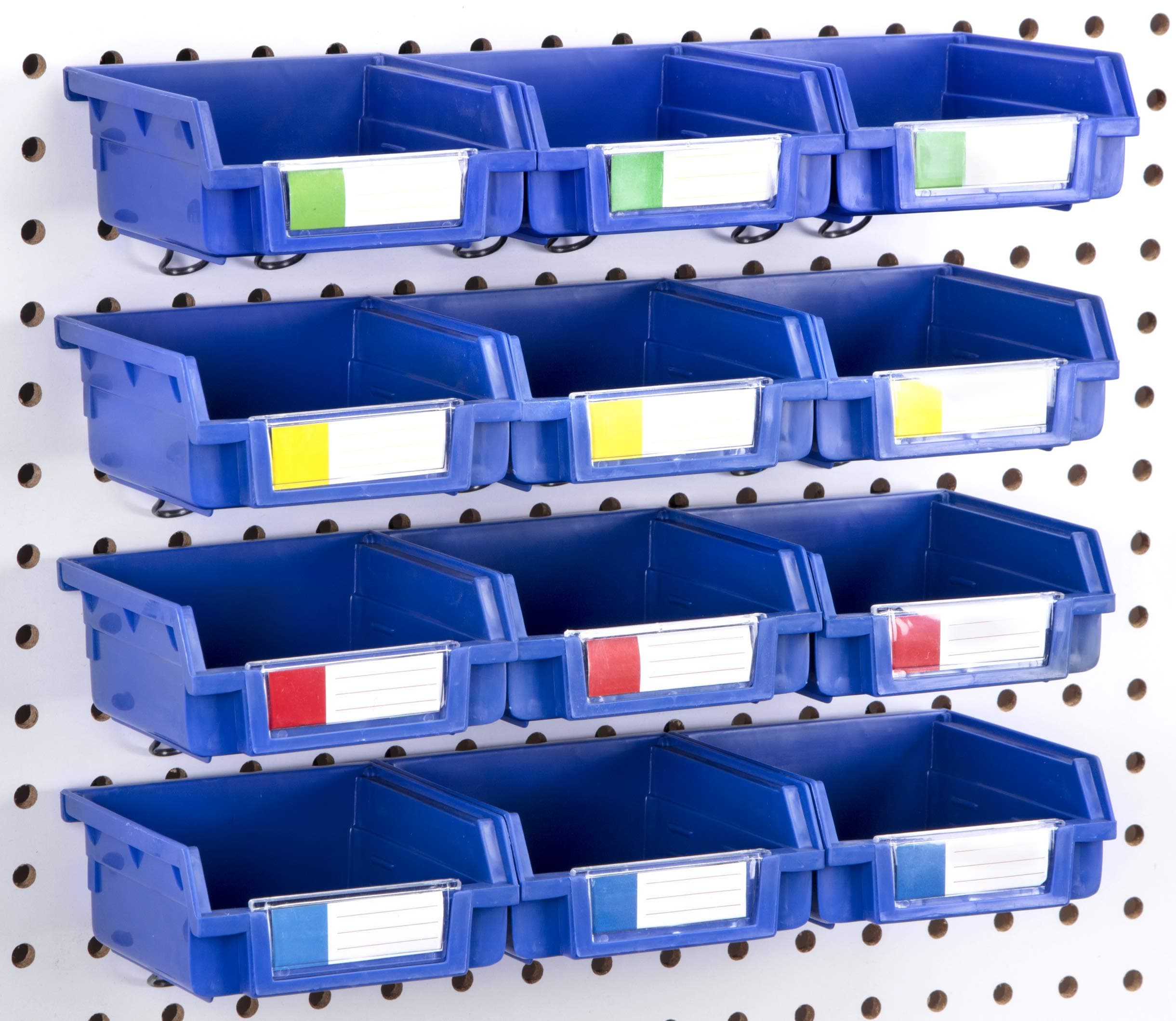 Pegboard Bins - 12 Pack Blue - Hooks to Any Peg Board - Organize Hardware, Accessories, Attachments, Workbench, Garage Storage, Craft Room, Tool Shed, Hobby Supplies, Small Parts