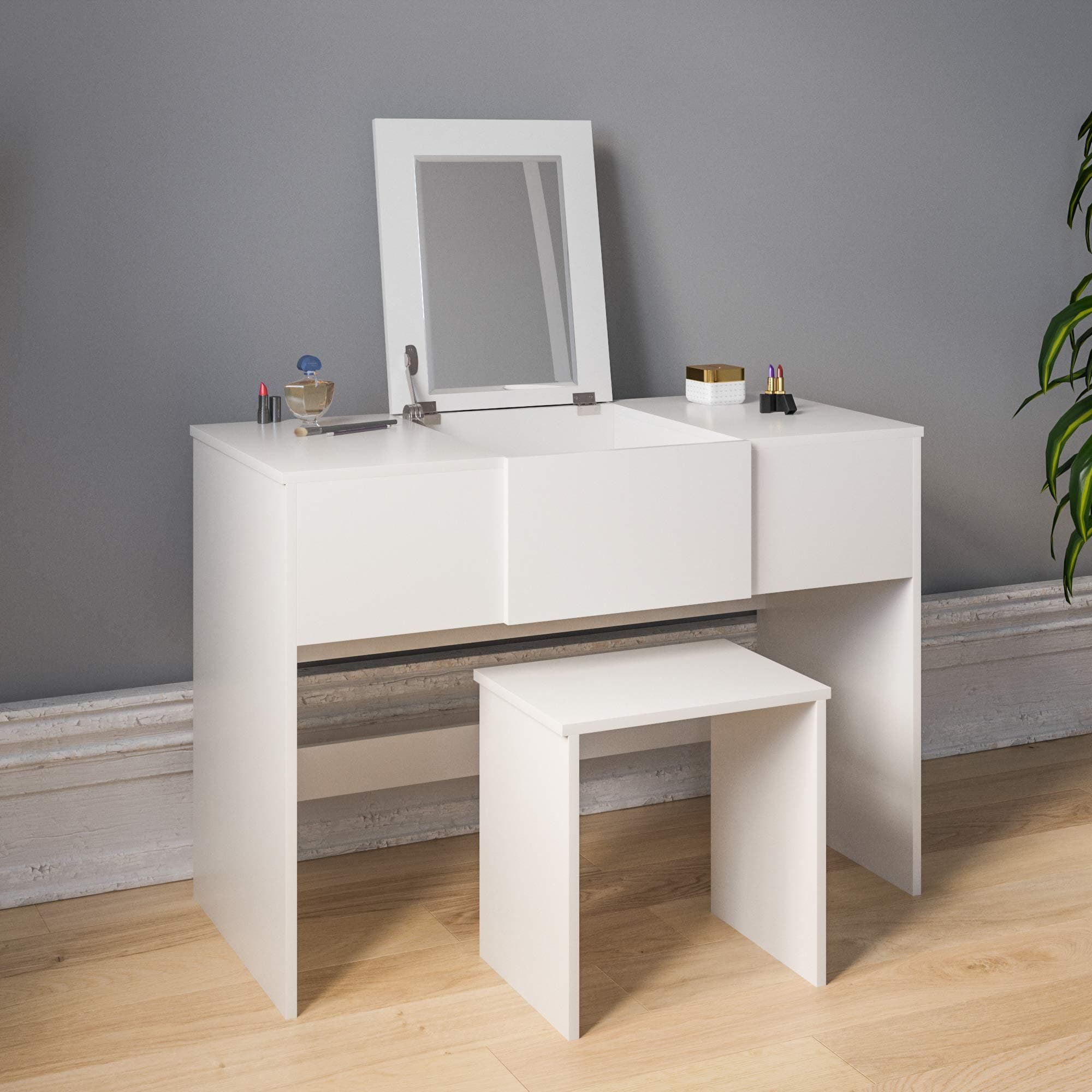Vida Designs Dressing Table Ava Folding Mirror & Stool Bedroom Set Makeup Vanity Cosmetics Storage Desk Dresser Furntiure White, 3331115