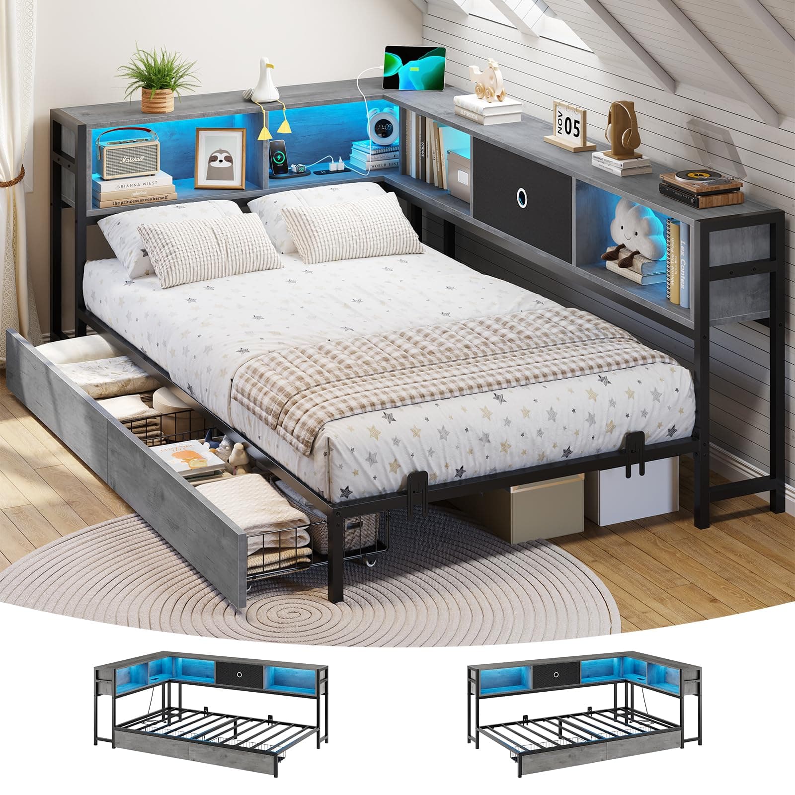 DICTAC Corner Twin Bed Frame with Bookcase Storage Headboard and Led Lights Twin Size Metal Platform Bed Frame with Storage Drawers and Charging Station Twin Size Daybed for Kids and Teen,Oak Gray