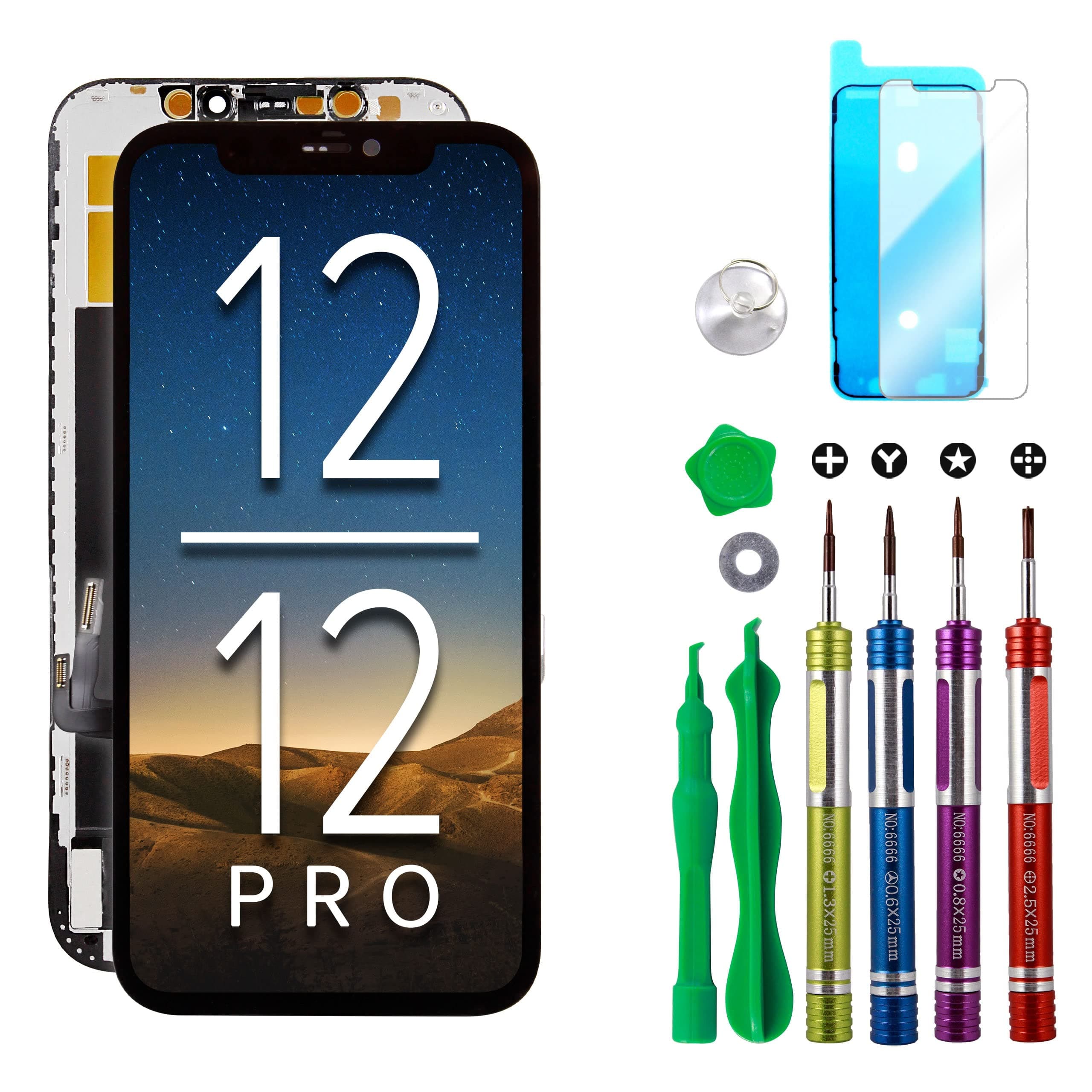 LCD Screen Replacement for iPhone 12 (A2172, A2402, A2404) / iPhone 12 Pro (A2341, A2406, A2408, A2407) 6.1 inch Touch Display Digitizer Frame Assembly with Repair Tools