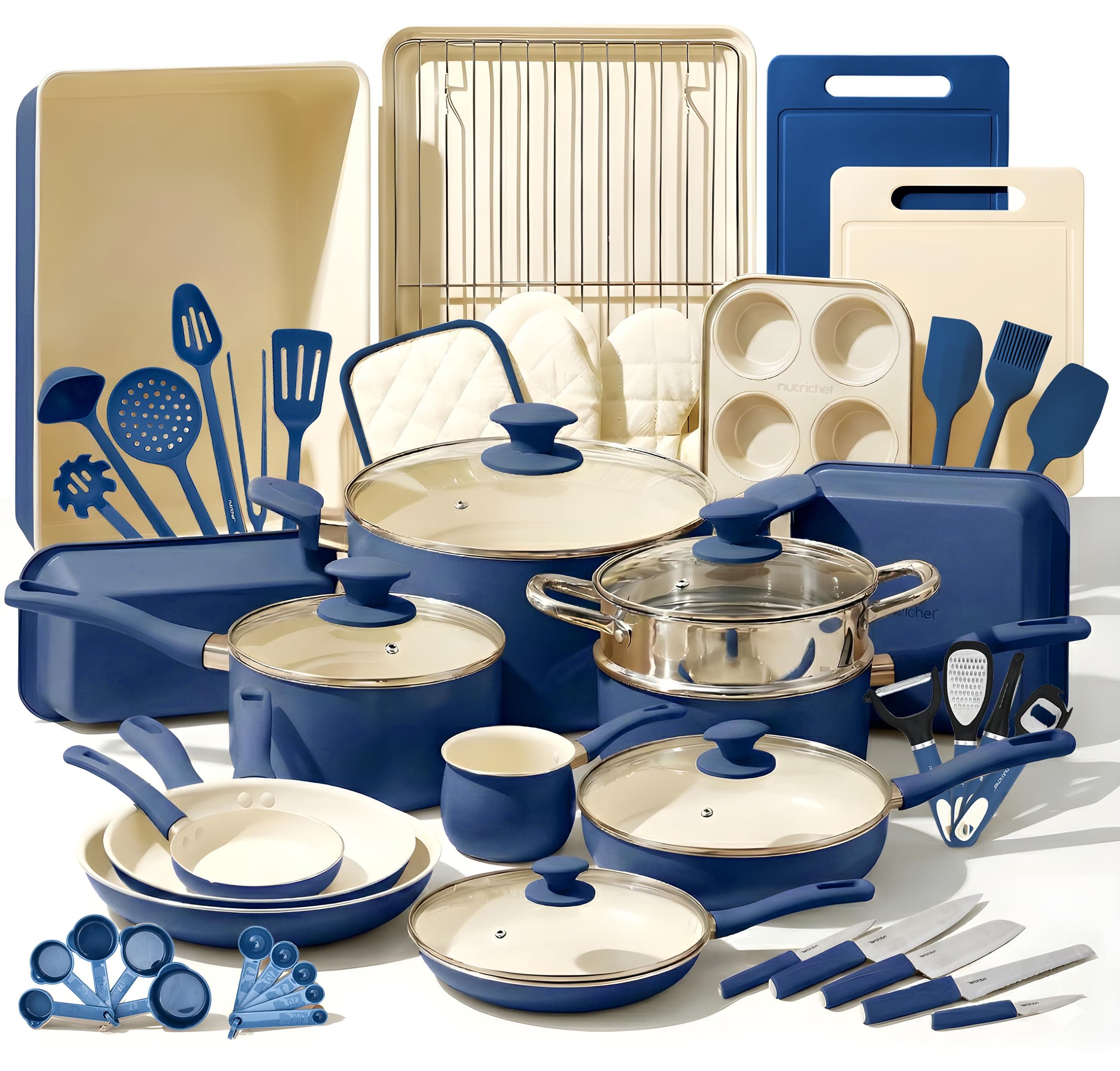 Nutrichef 54 Piece Professional Grade Complete Home Kitchen Cookware Set, Ceramic Non-Stick Bakeware, Pot and Pans Kit, Cool-Touch Handles, Safe for Gas, Electric, Induction Cooktops, Easy Clean
