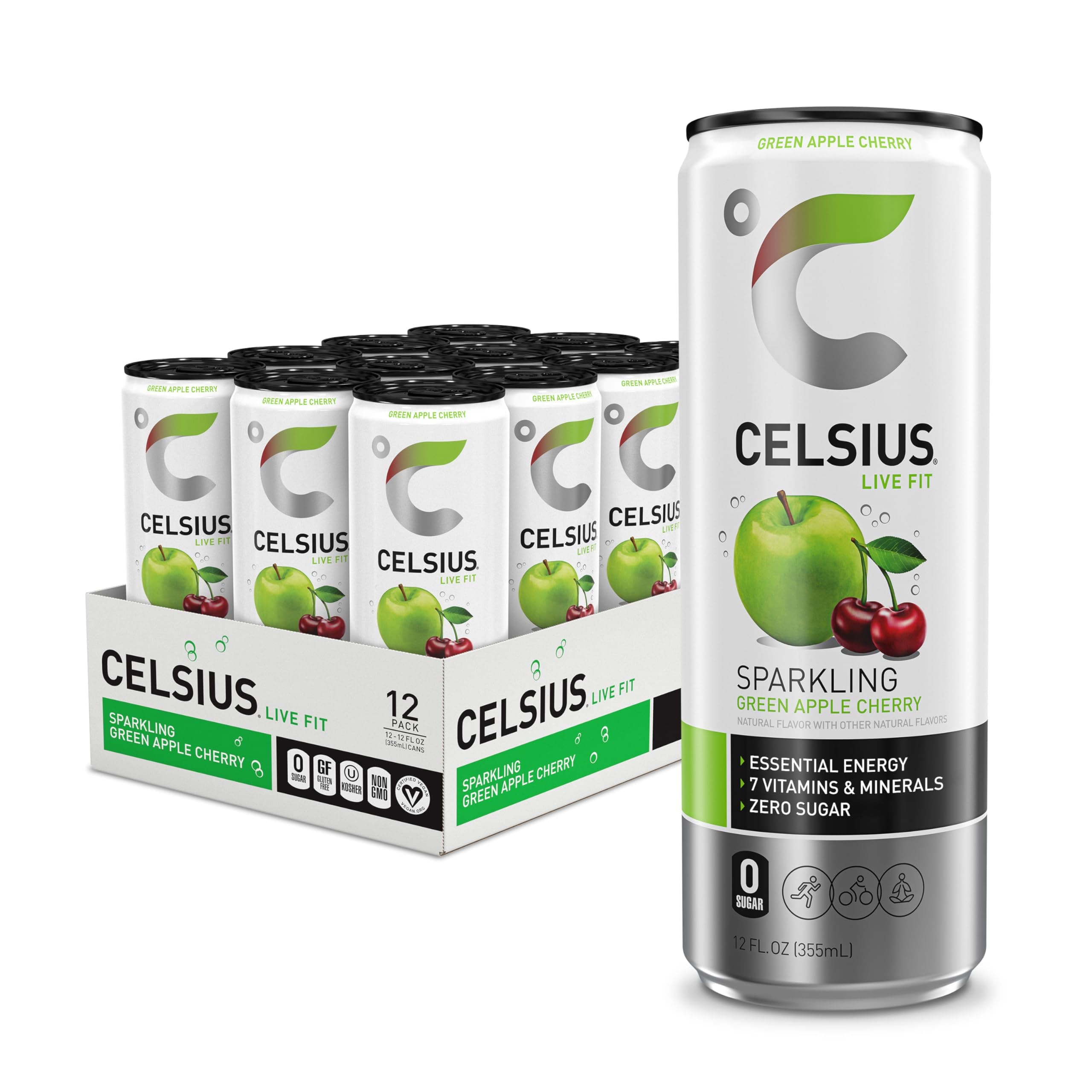 CELSIUS Sparkling Green Apple Cherry, Sugar Free Energy Drink, 12 Fl Oz (Pack of 12)