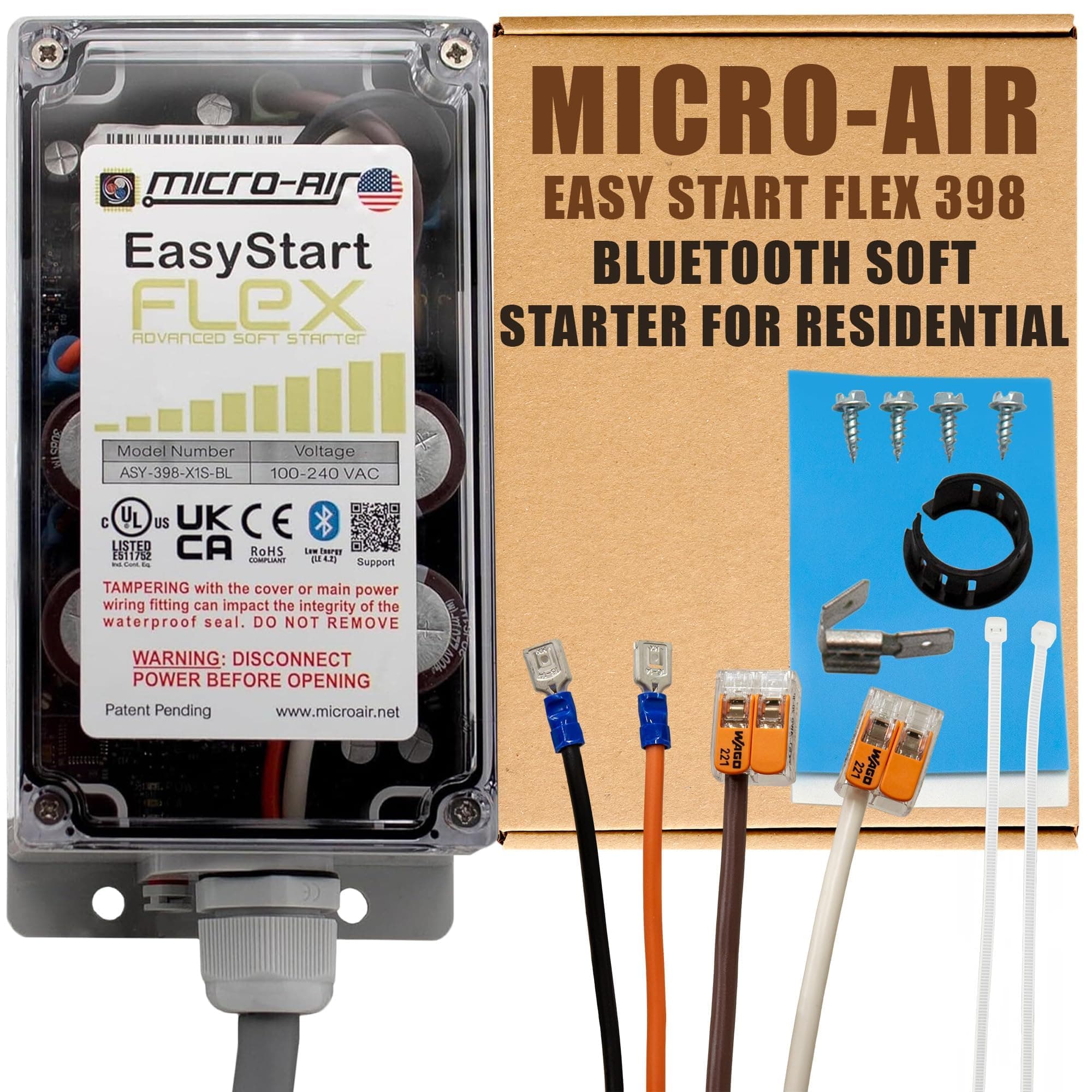 MICRO-AIR EasyStart FLEX 398 - Bluetooth Soft Start Kit for Home Air Conditioner, RV & Commercial Use, Works with Generators, Reduces Power Surge, Efficient Start-Up - Up to 6 Tons w/Installation Kit