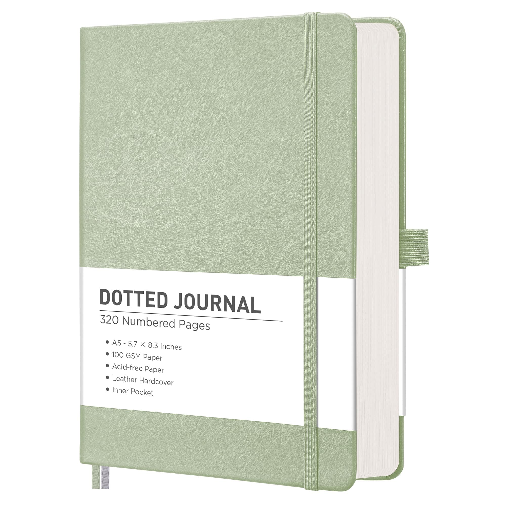 RETTACY Dotted Journal Notebook, 320 Numbered Pages, A5 Medium Size (5.7'' × 8.3''), Leather Hardcover, 100 GSM Thick Paper, for Journaling, Planning, Tracking (Light Green)