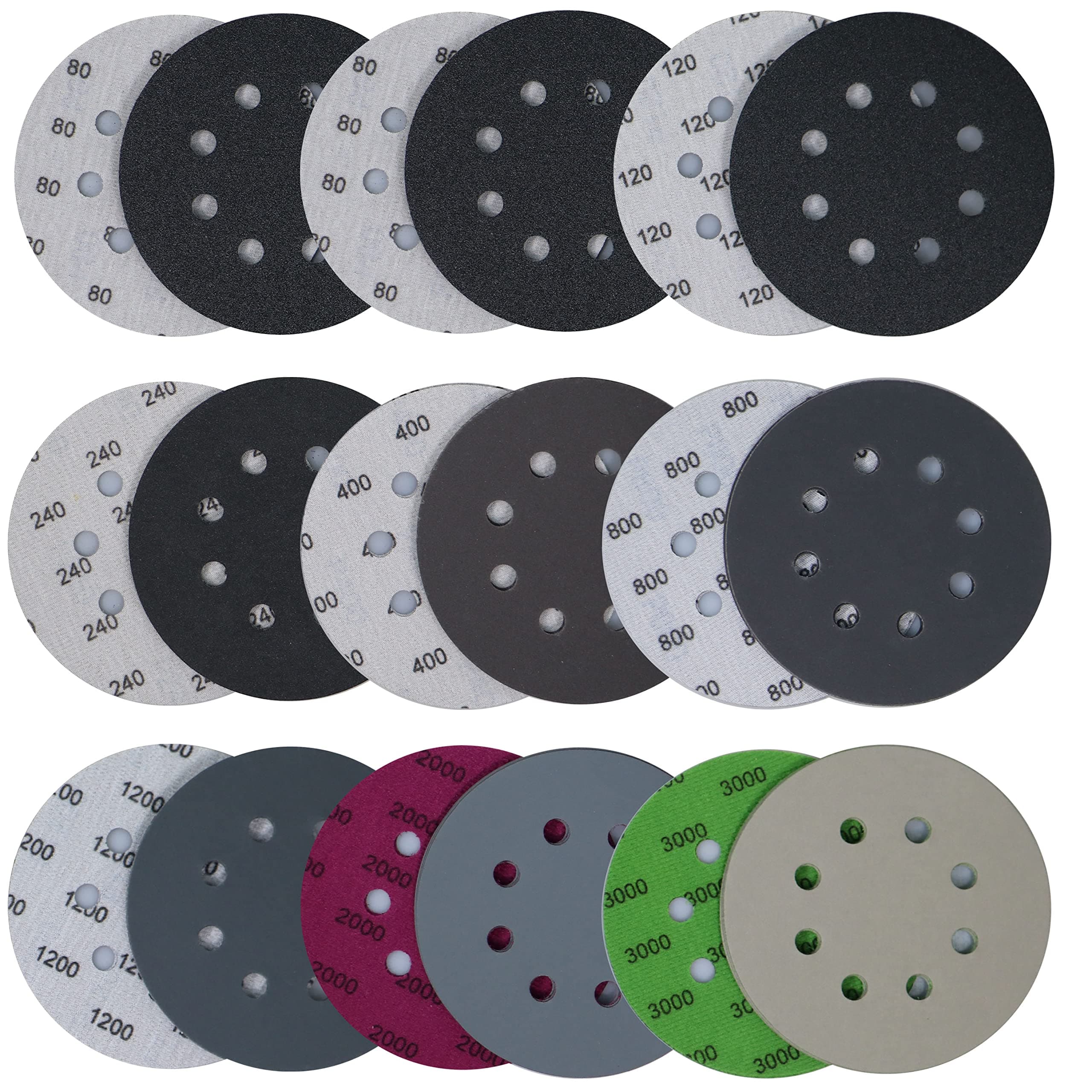 48PCS 5 inch 8 Hole #80-#3000 Sanding Discs 80 120 240 400 800 1200 2000 3000 Grit Wet Dry Sandpaper Compatible for Random Orbital Sanders (#80-#3000 Grit Each 6PCS)