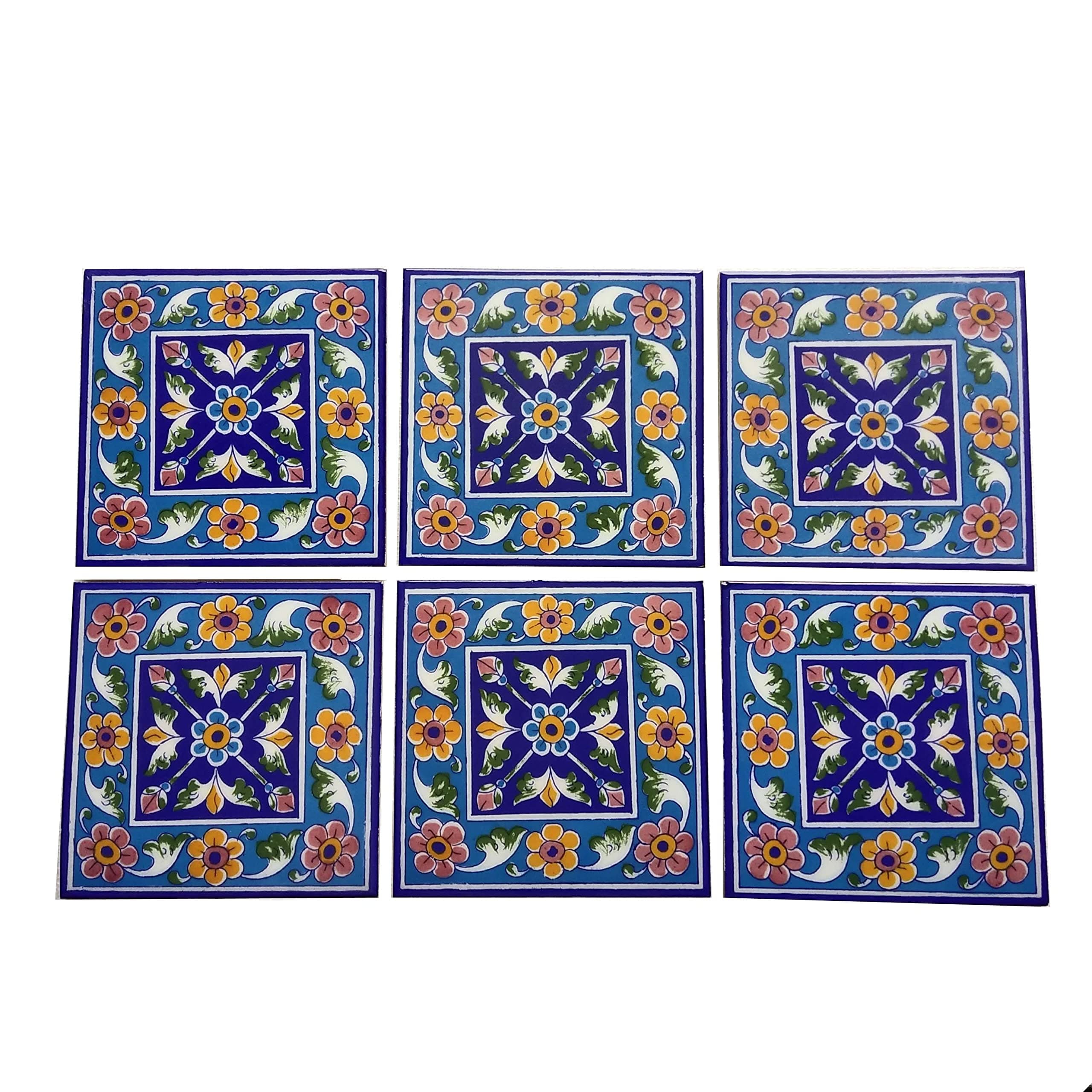 Shiv Kripa Blue Pottery Home Decorative Ceramic Wall Hanging Tile Design Flooring Tiles Floral Kitchen Washroom Mosaic Furniture Tile Handmade Backsplash 6 x 6 Inches Tile (Pack of 6, Blue)