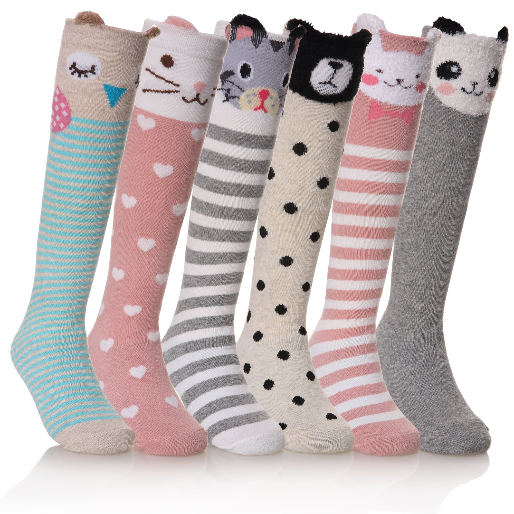 Girls Knee High Socks Kids Crazy Fun Gift Cute Animal Patterns Cotton Long Socks 6 Pairs