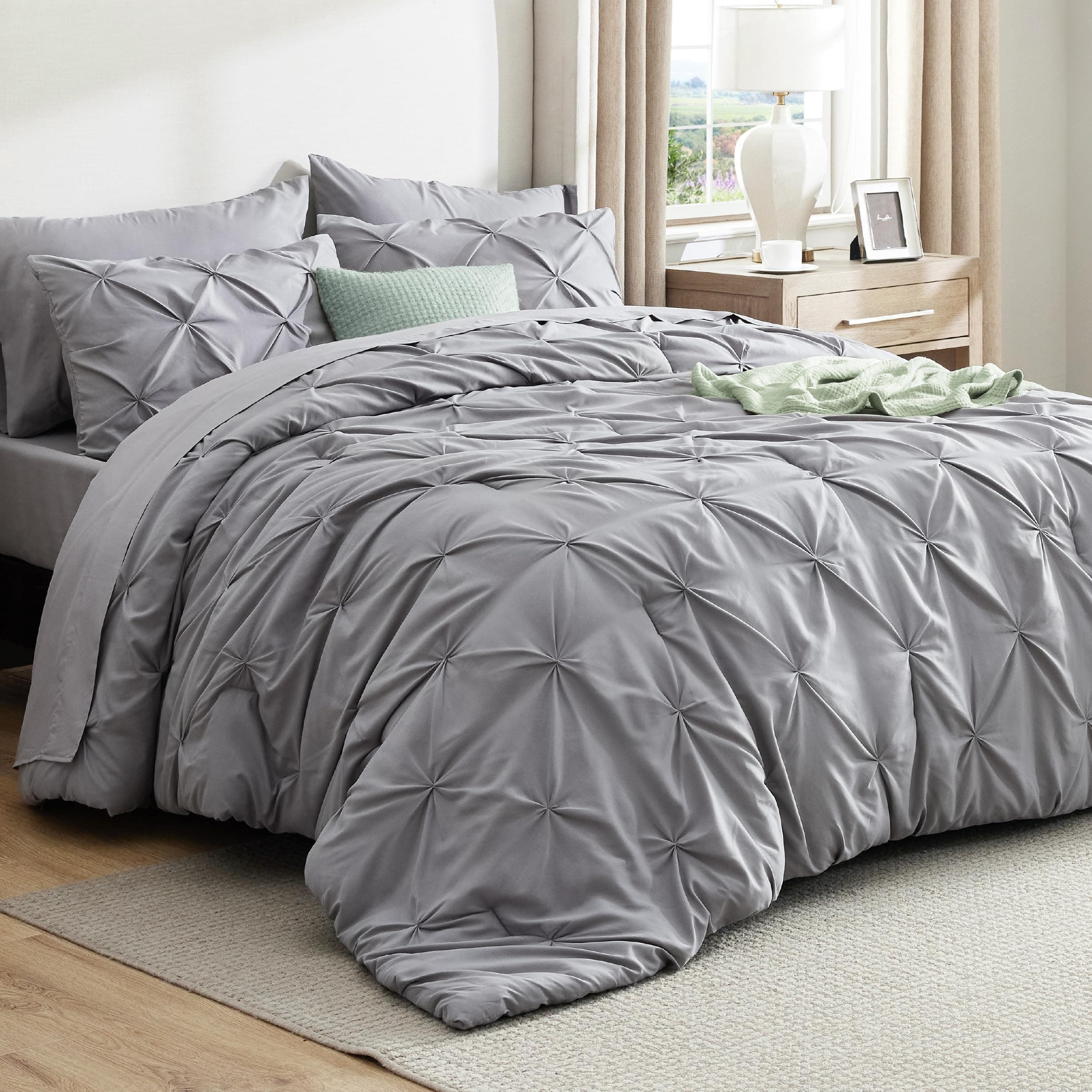 Bedsure Full Comforter Set Grey - Bed in a Bag Full Size Bedding Set 7 Pieces, GentleSoft™ Pintuck Bed Set Gift for Family, Pinch Pleat Grey Comforter with Sheets, Pillowcases & Shams